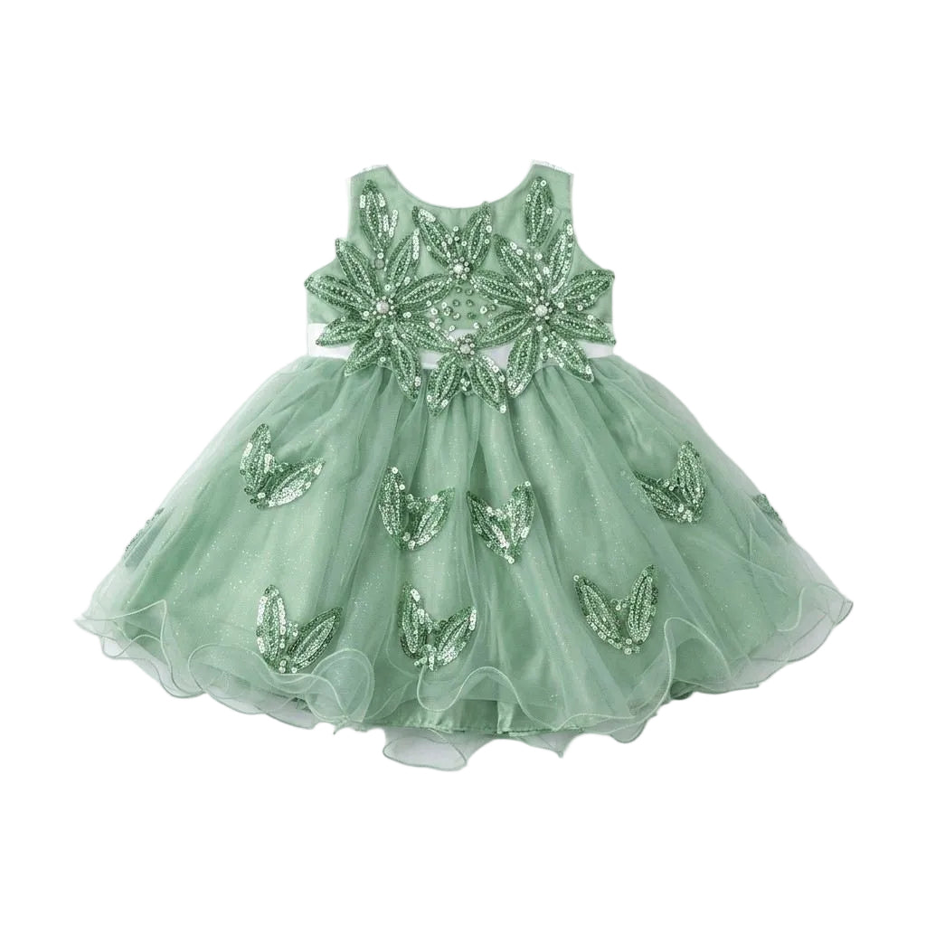 Girls 3D Floral Net Frock - Green