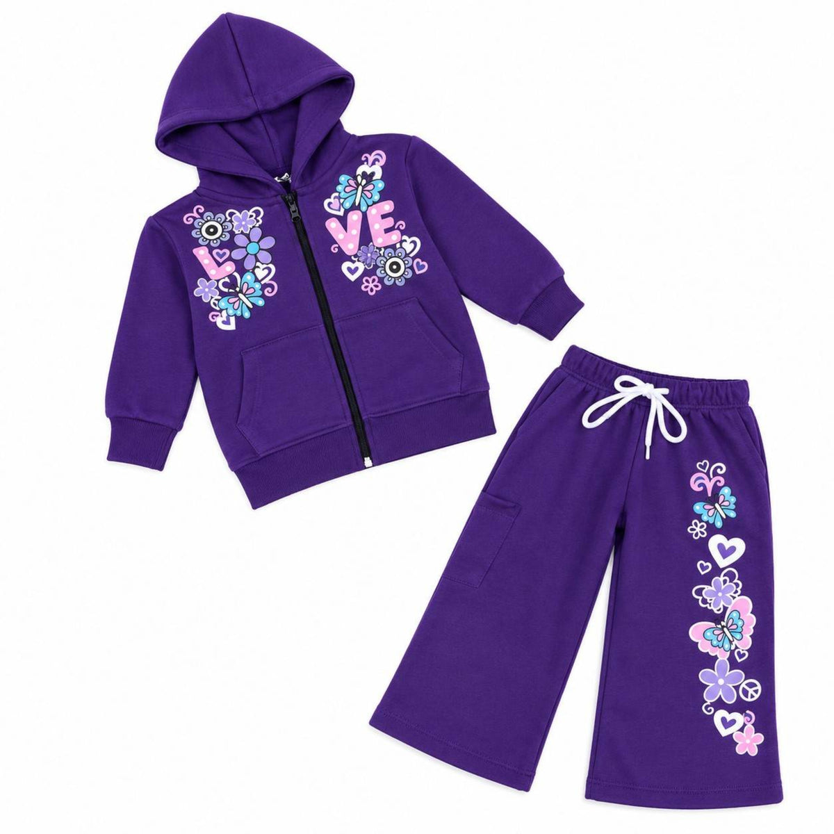Girls Butterfly & Floral Hoodie Fleece Tracksuit - Purple