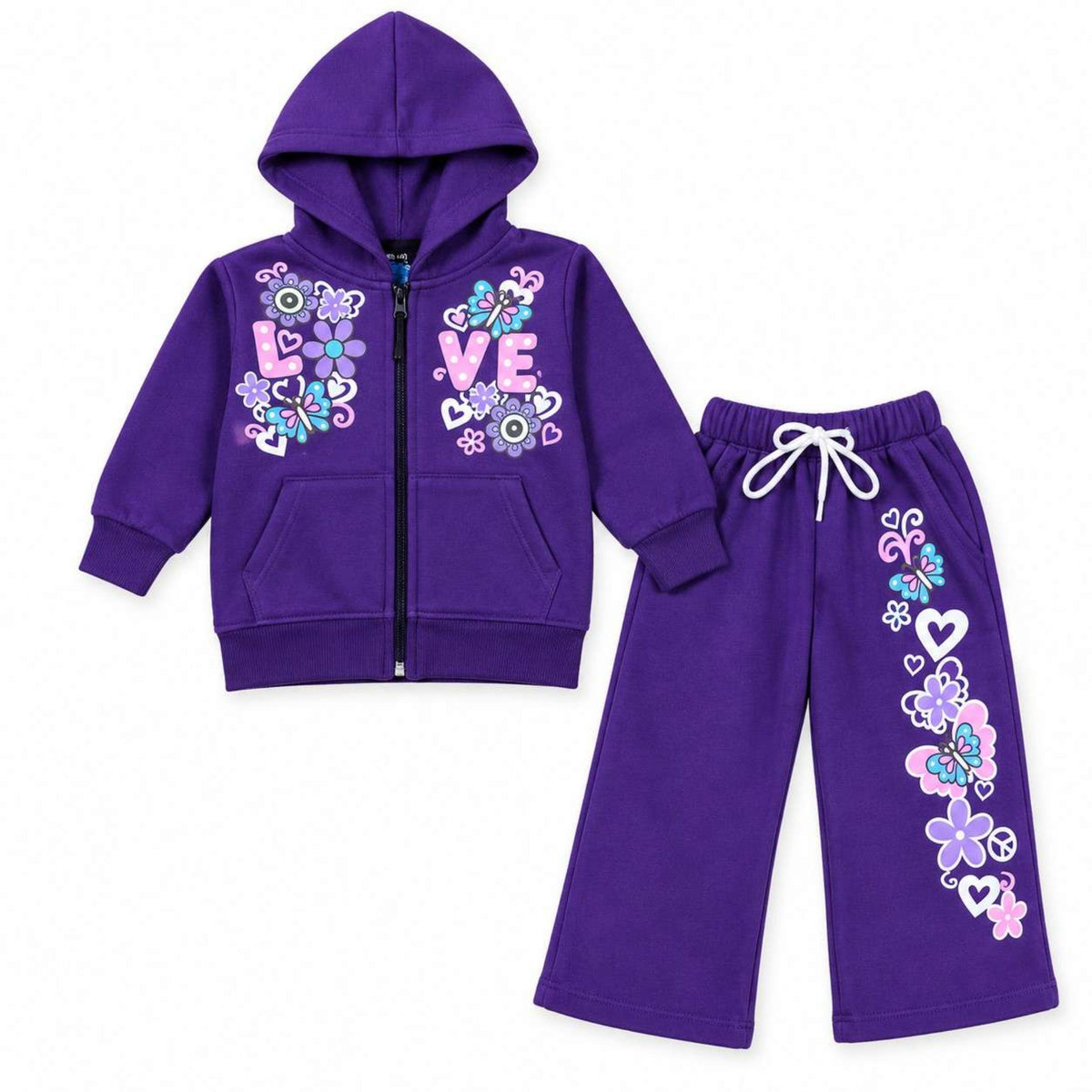 Girls Butterfly & Floral Hoodie Fleece Tracksuit - Purple