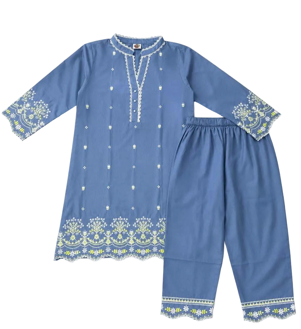 Girls Cotton Yellow Florals Embroidery 2Pcs - Blue