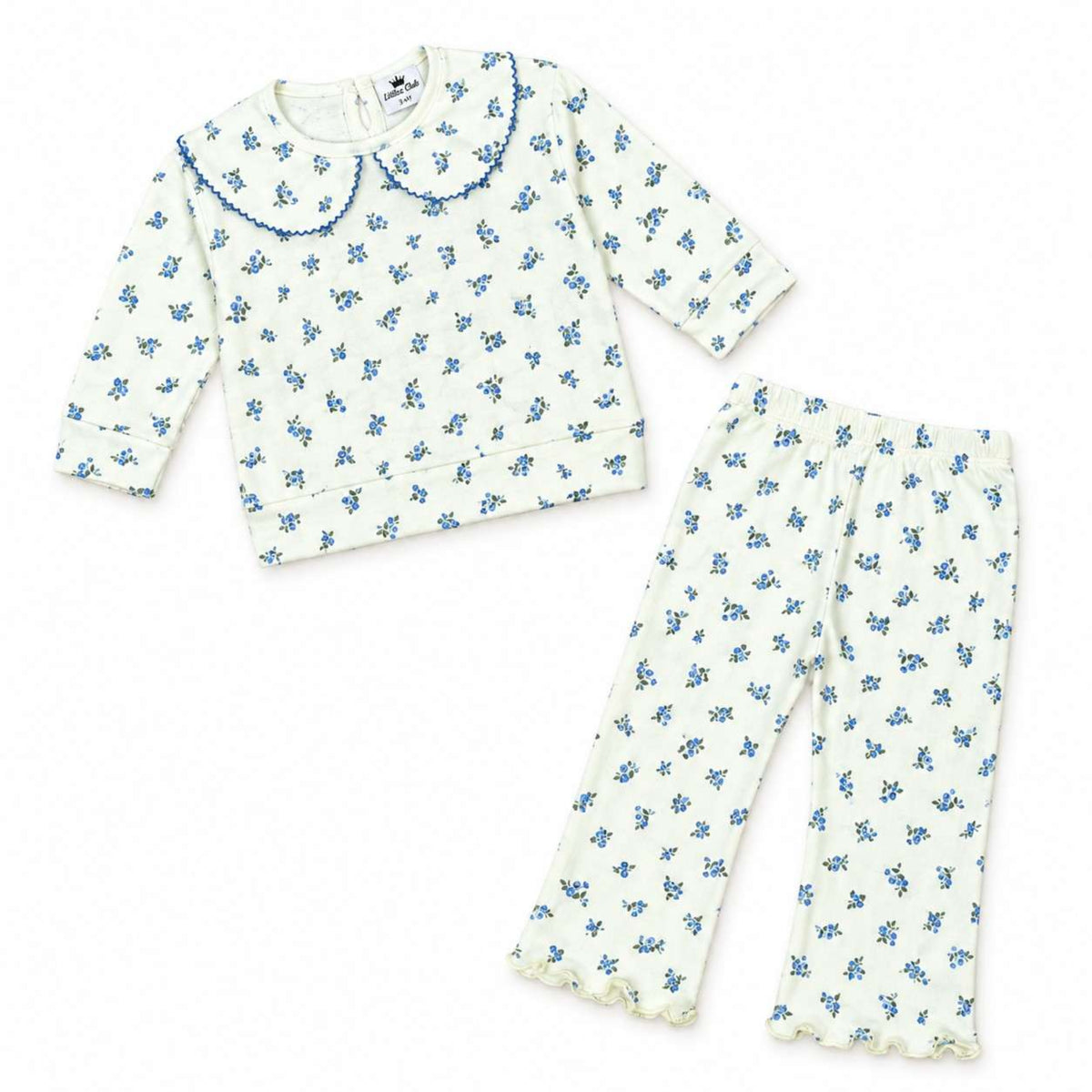 Girls Cream & Blue Floral Print Fleece Top & Trouser - Cream
