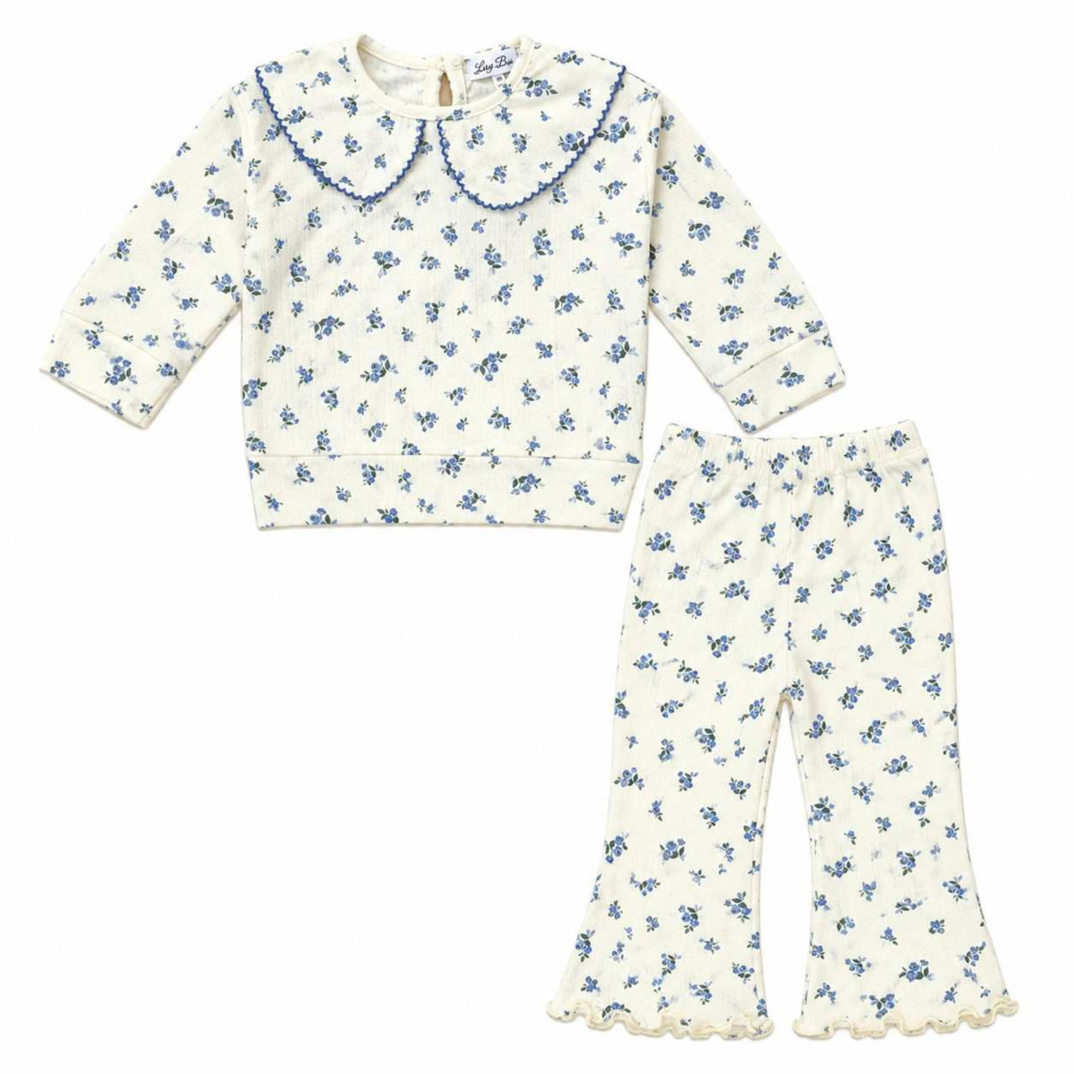 Girls Cream & Blue Floral Print Fleece Top & Trouser - Cream