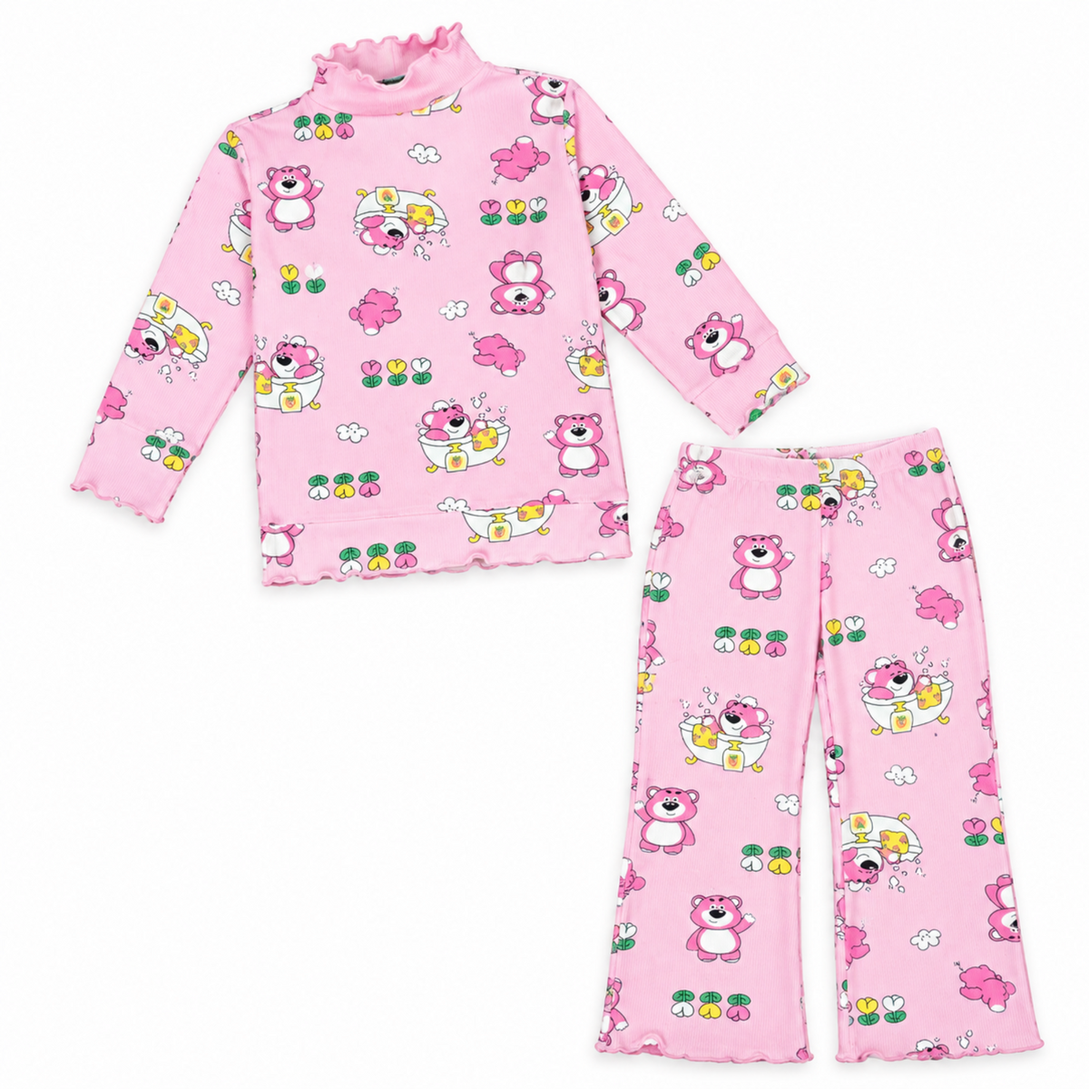 Girls Cute Bear Printed High-Neck Set - Pink
