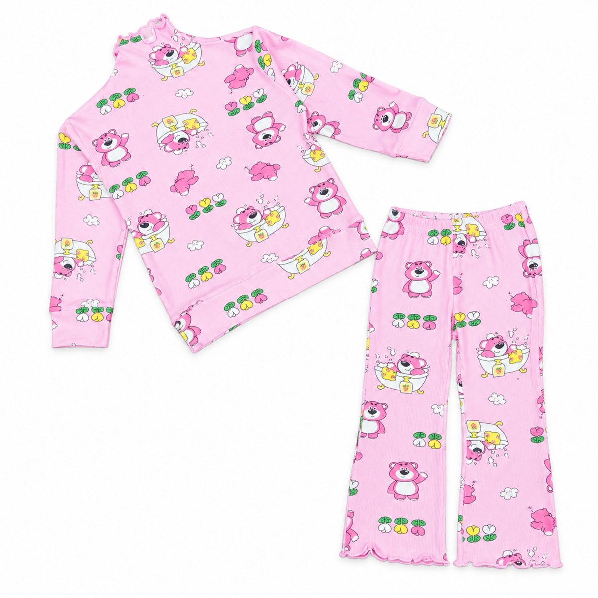 Girls Cute Bear Printed High-Neck Set - Pink
