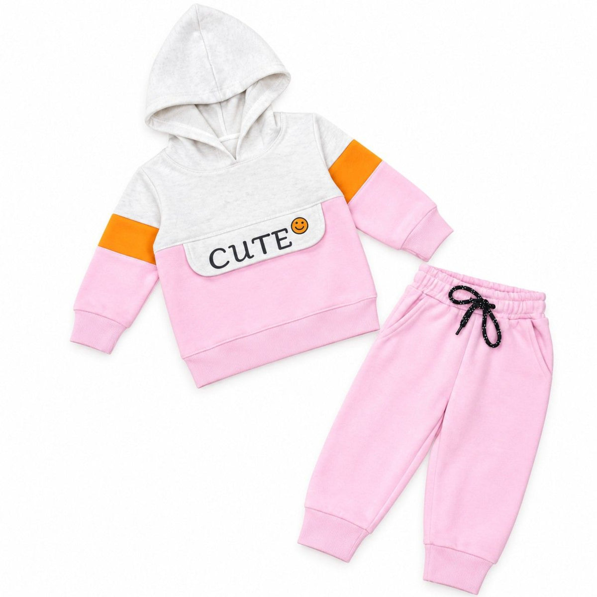 Girls Cute Smiley Patch Fleece Tracksuit - Baby Pink & Grey