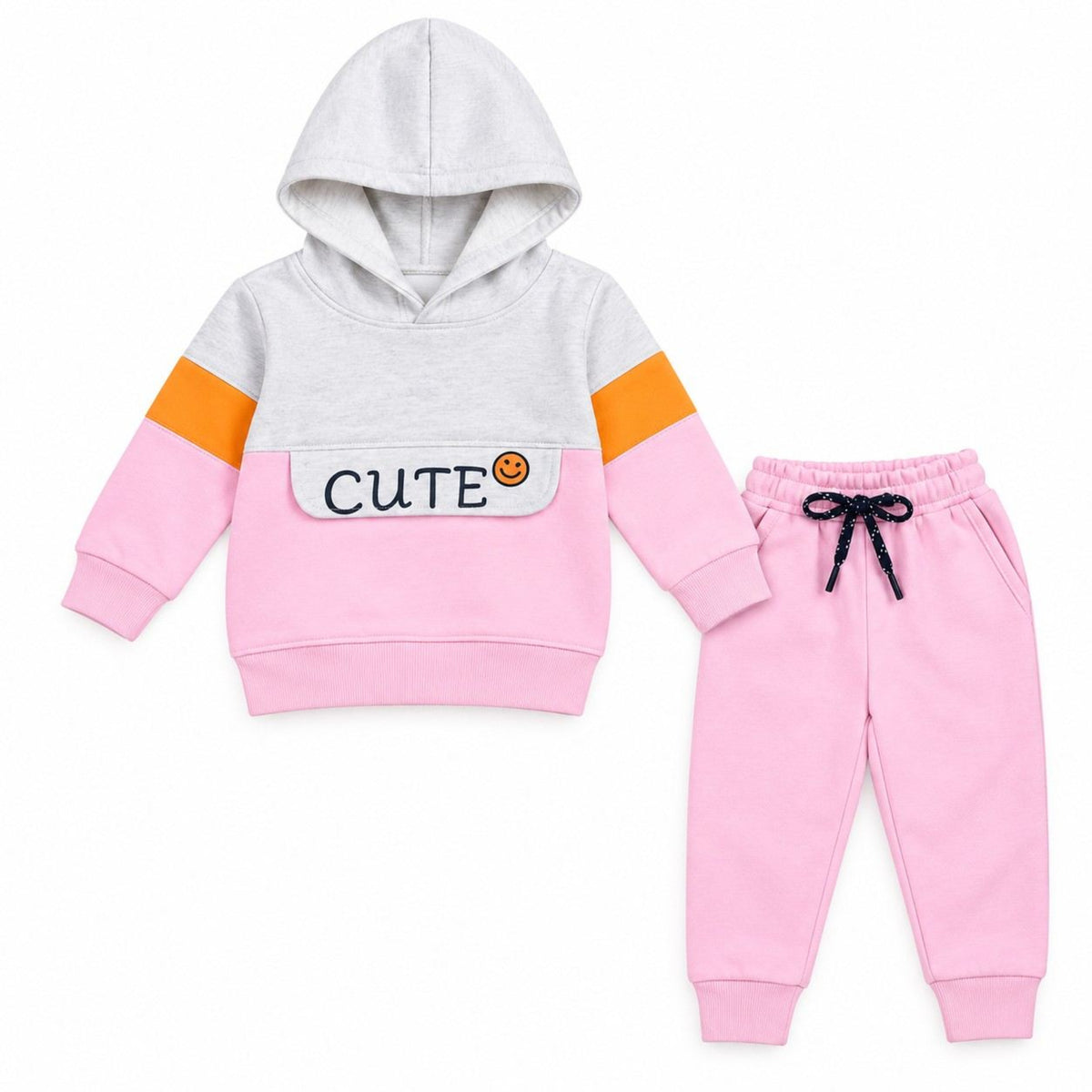 Girls Cute Smiley Patch Fleece Tracksuit - Baby Pink & Grey