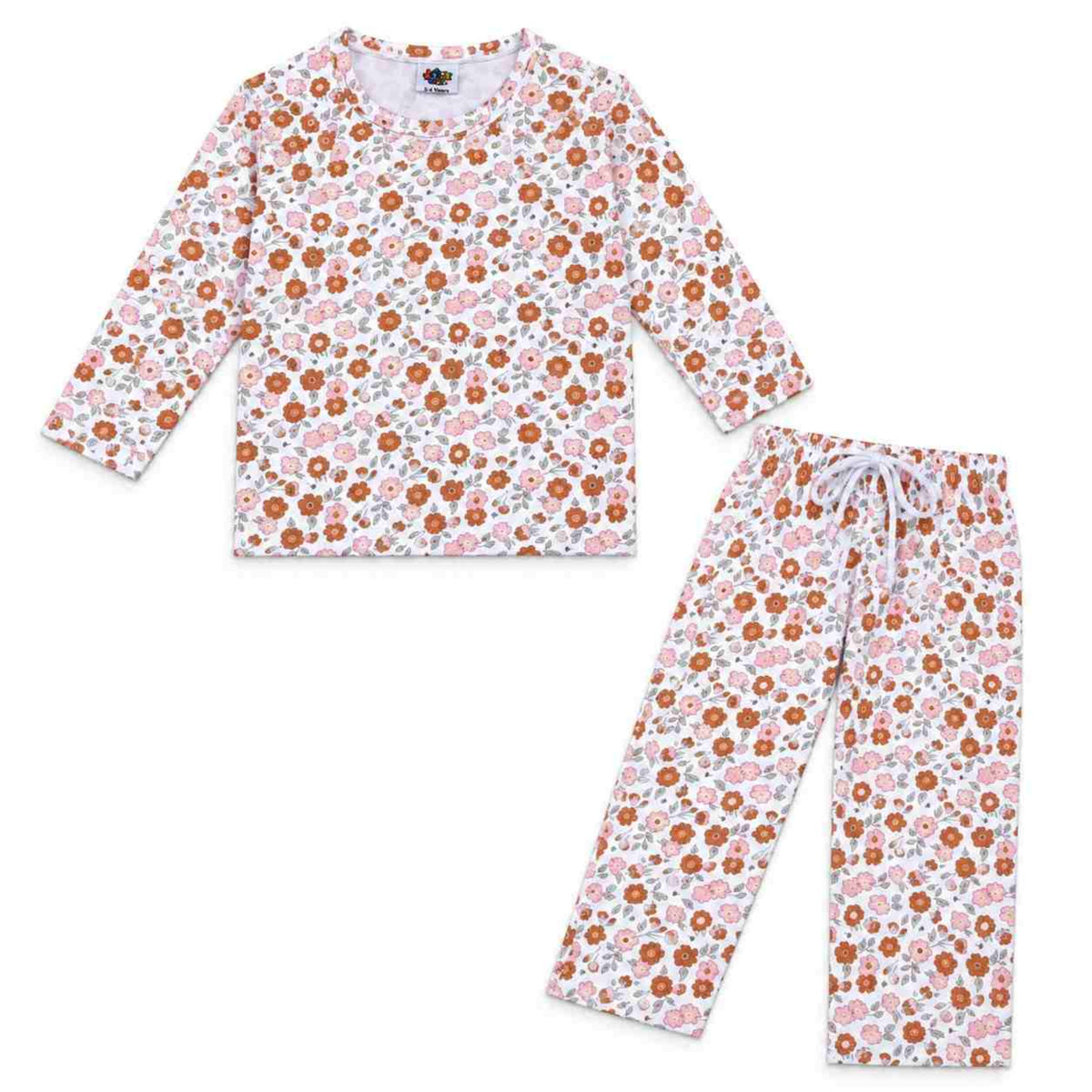 Girls Floral Print Cotton Night Suit -  Pink & Rust 