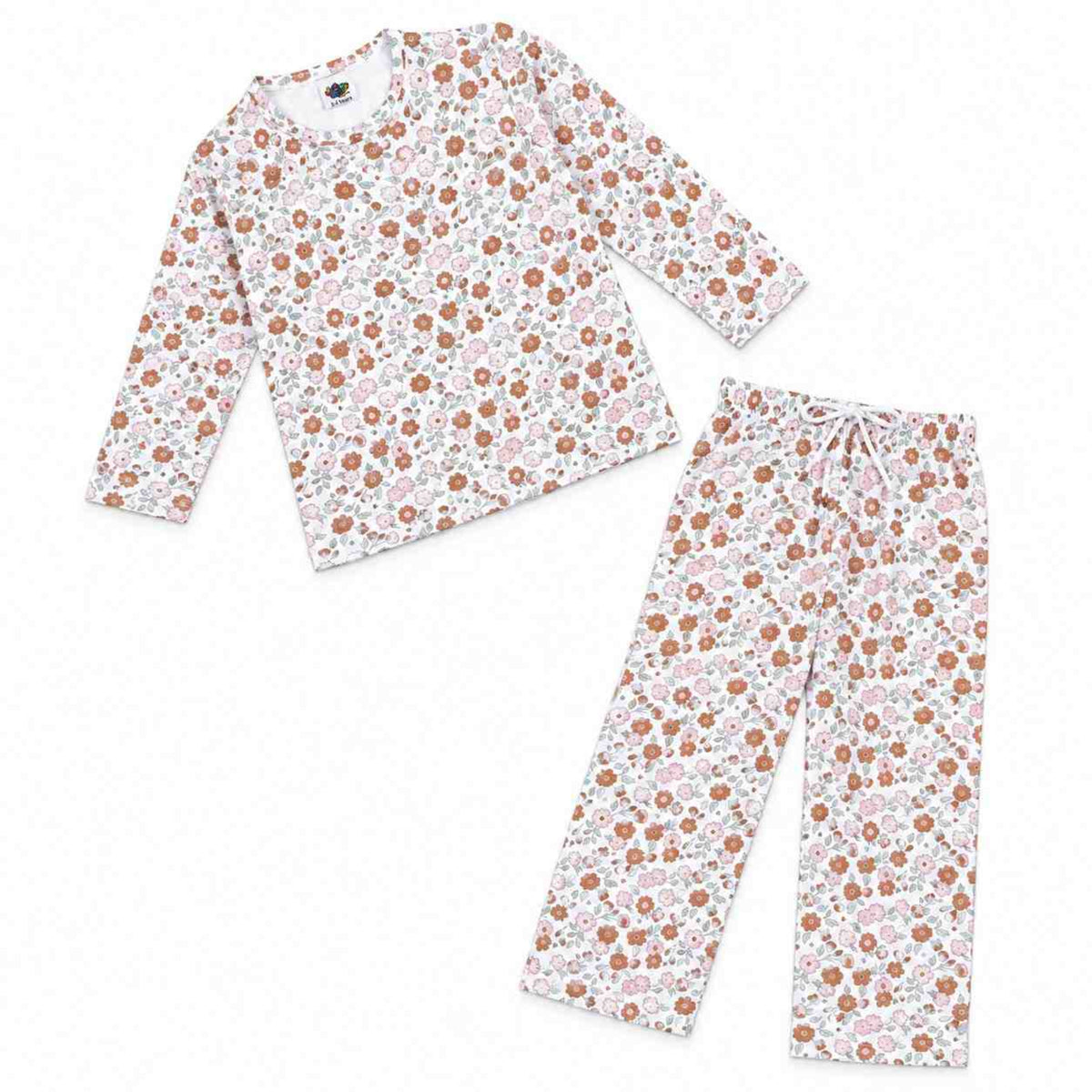 Girls Floral Print Cotton Night Suit -  Pink & Rust 