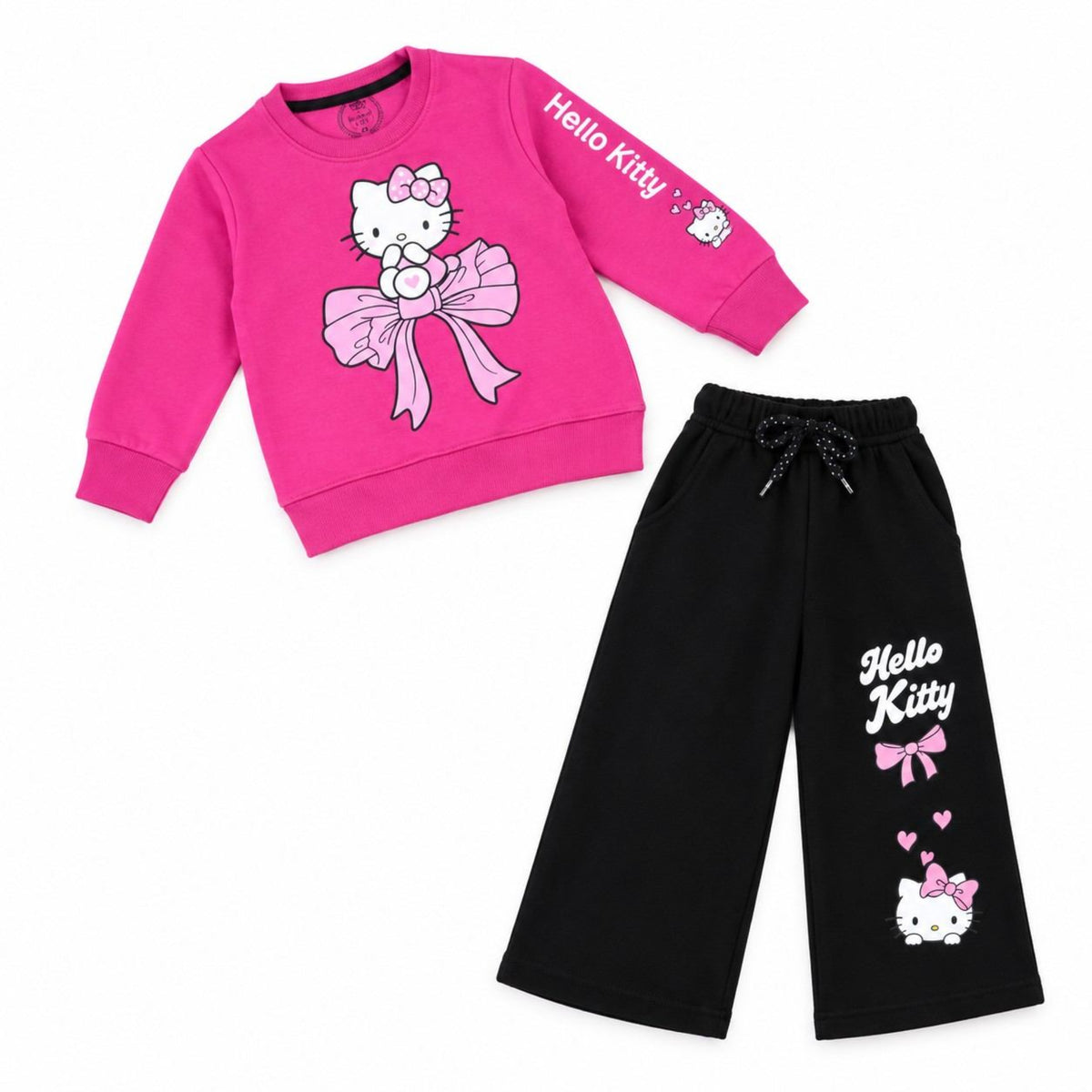 Girls Hello Kitty Bow Fleece Tracksuit - Baby Pink & Black