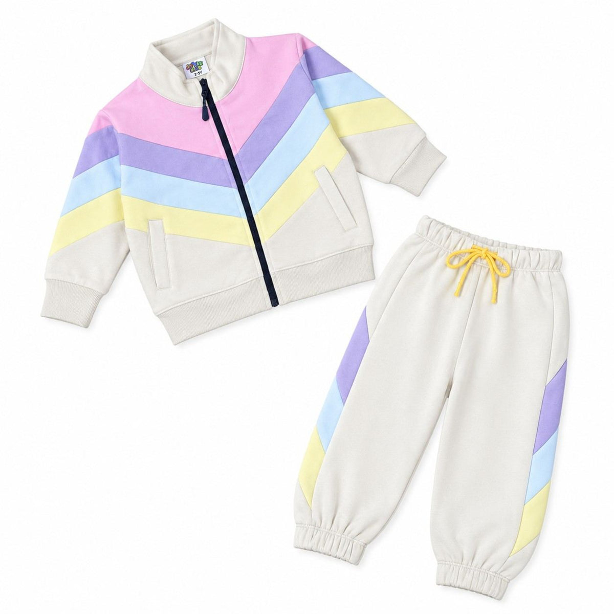 Girls Panel V Multi Colors Fleece Tracksuit - Skin