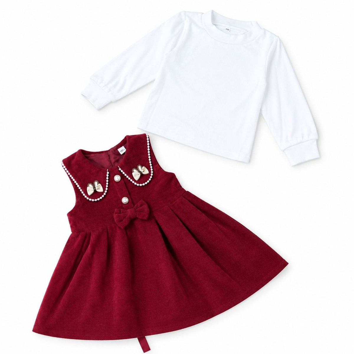 Girls Pearl Bow Pinafore Frock - Maroon  & White