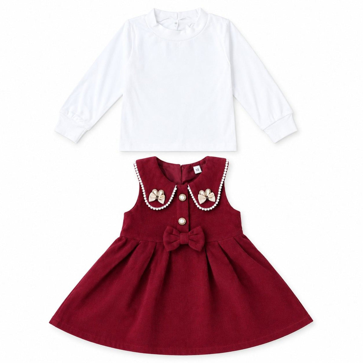 Girls Pearl Bow Pinafore Frock - Maroon  & White