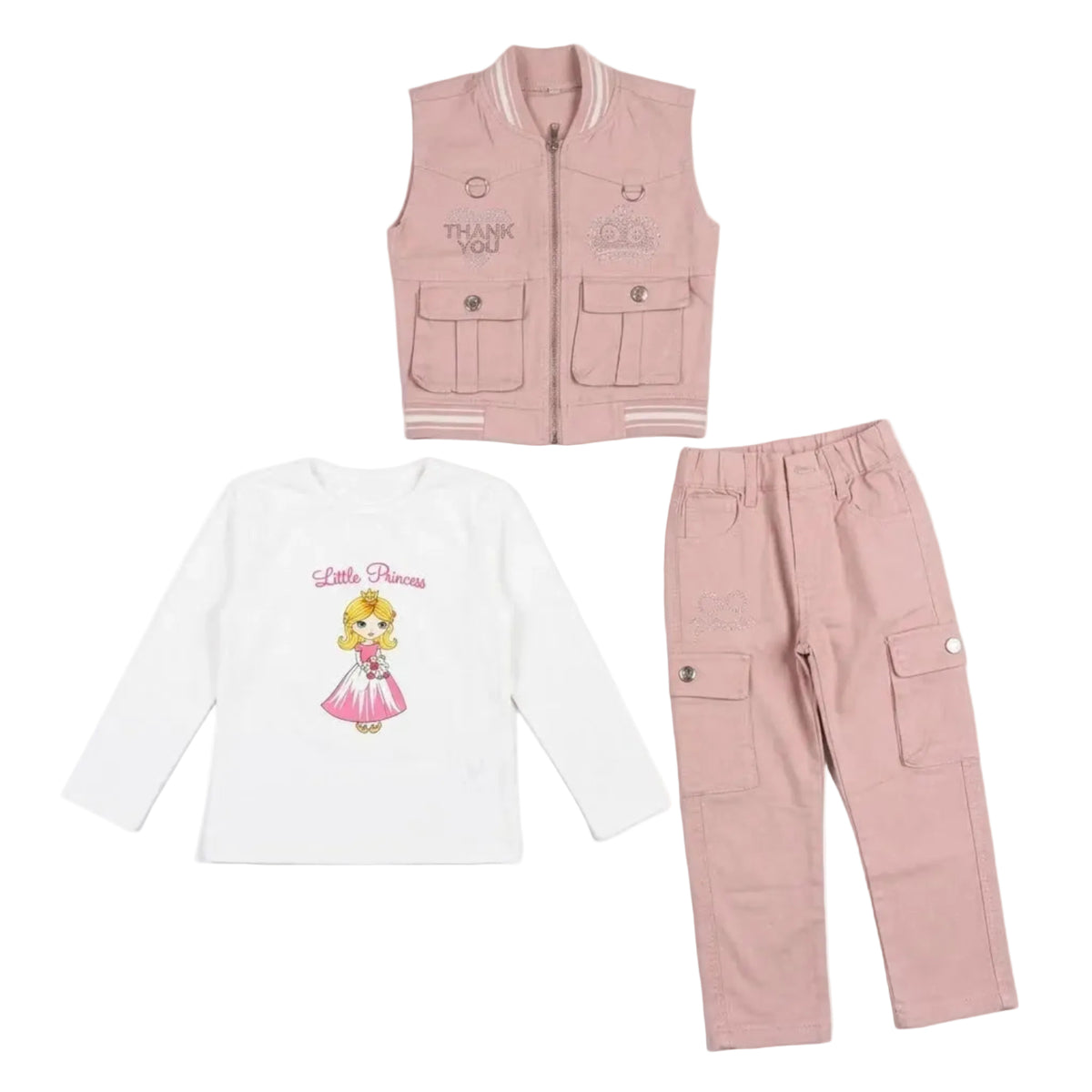 Girls Sage Princess Cargo 3-Piece Set-Sage Green. Pink