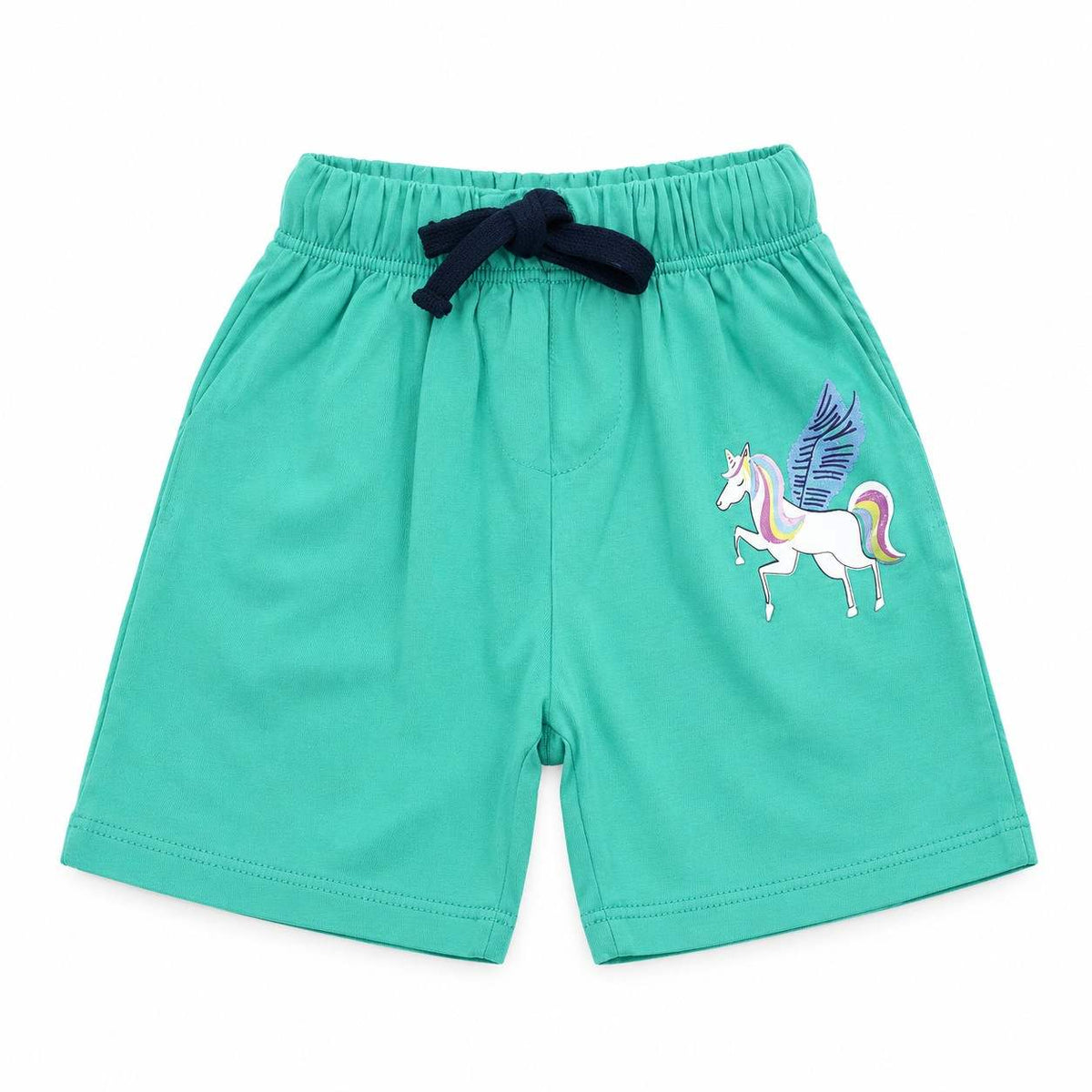 Girls Unicorn Printed Cotton Shorts -  Sea Green 
