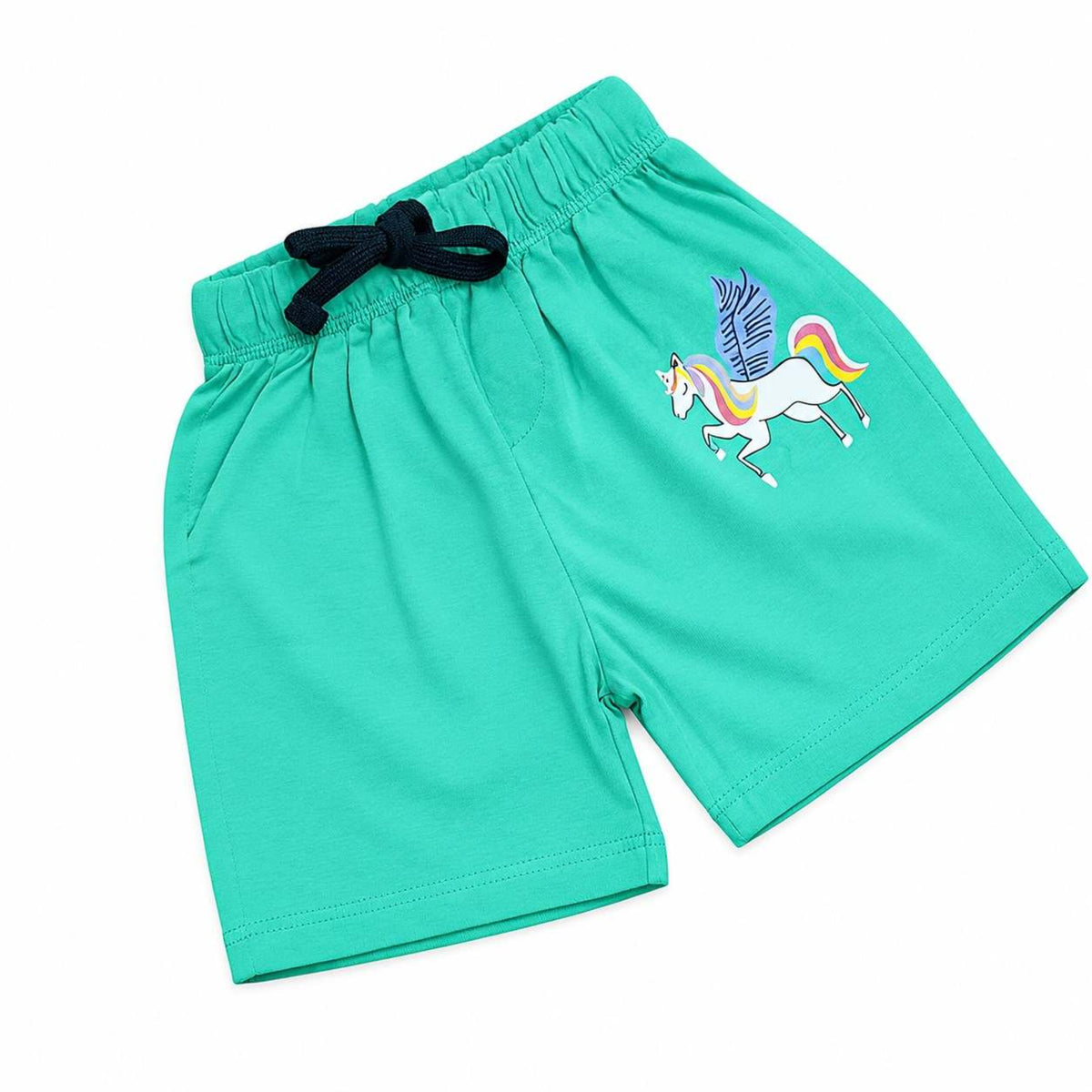 Girls Unicorn Printed Cotton Shorts -  Sea Green 