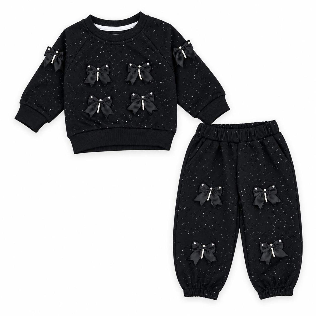 Glitter Black Bow & Pearl Interlock Tracksuit- Black 