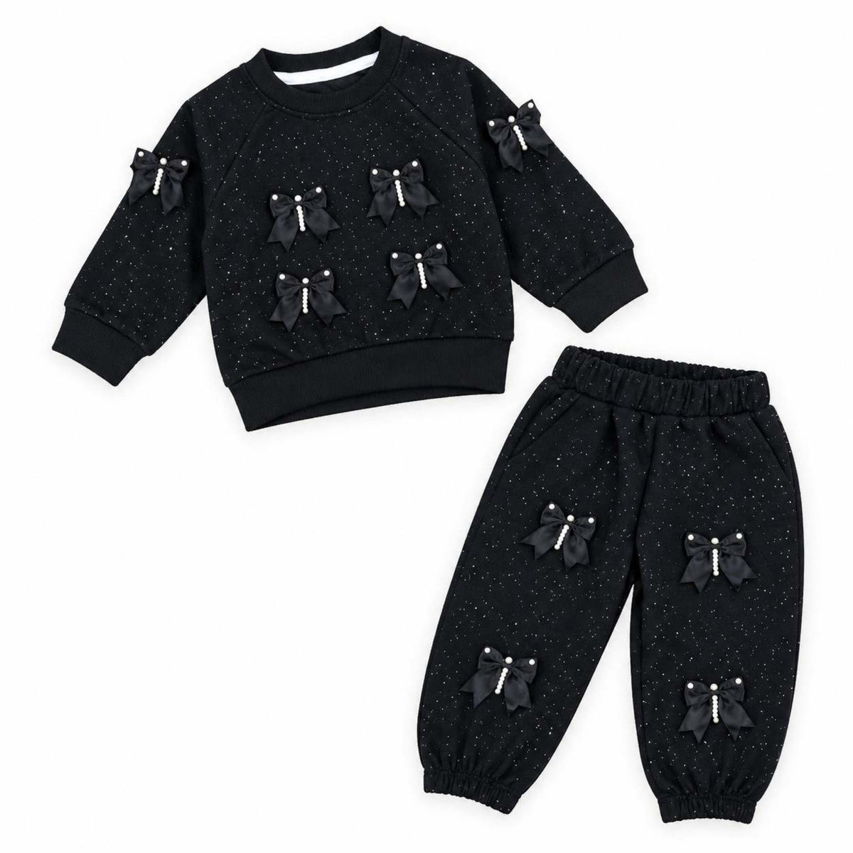 Glitter Black Bow & Pearl Interlock Tracksuit- Black 