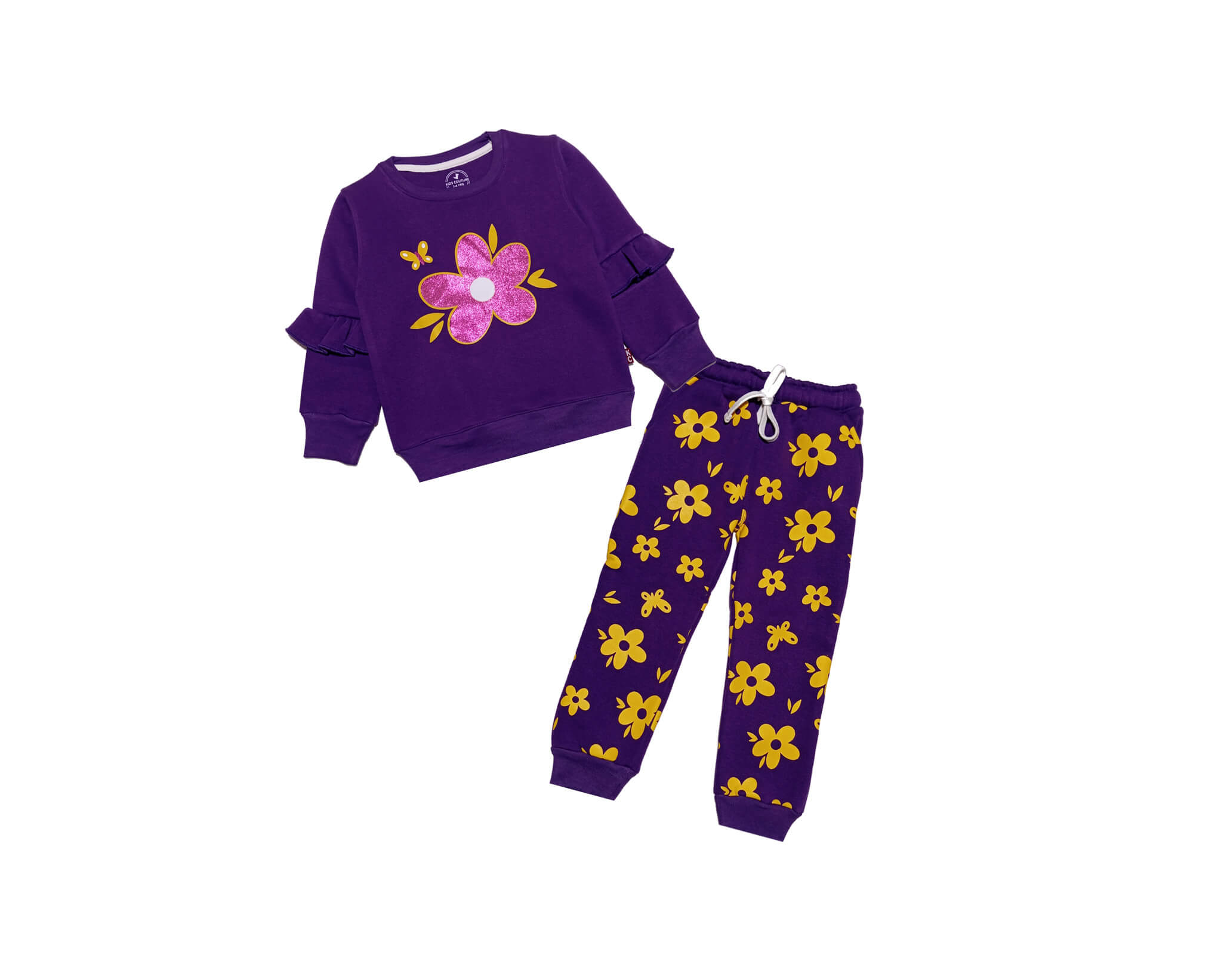 Glitter Flowers Frill Sleeves Fleece Tracksuit - Purple