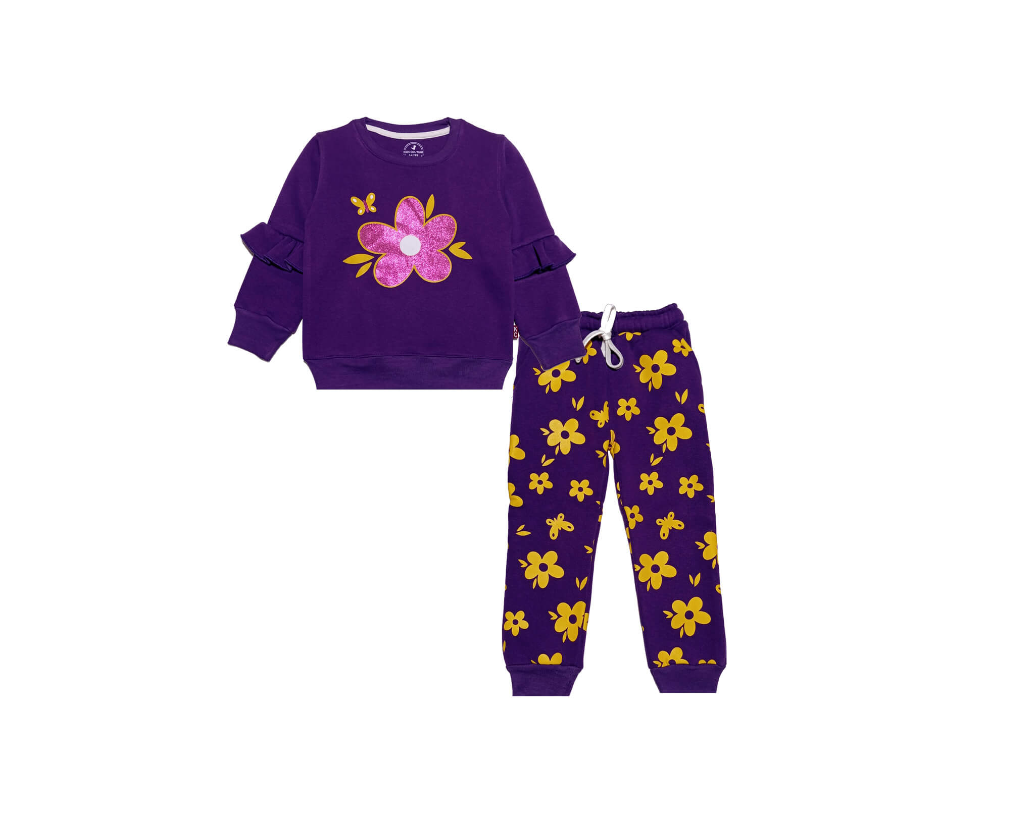 Glitter Flowers Frill Sleeves Fleece Tracksuit - Purple