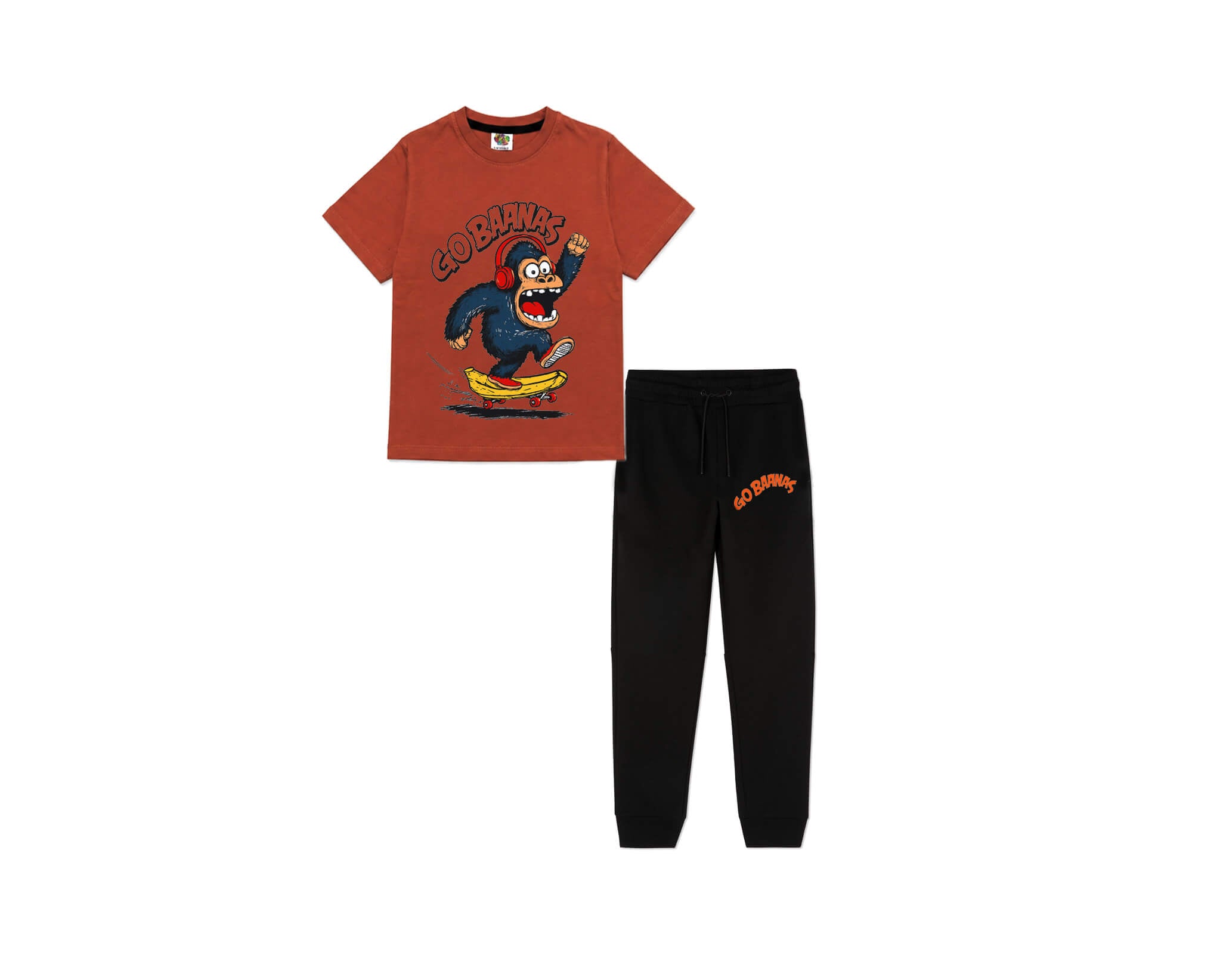 Go Baanas Printed Half Sleeve Tee & Trouser - Rust & Black