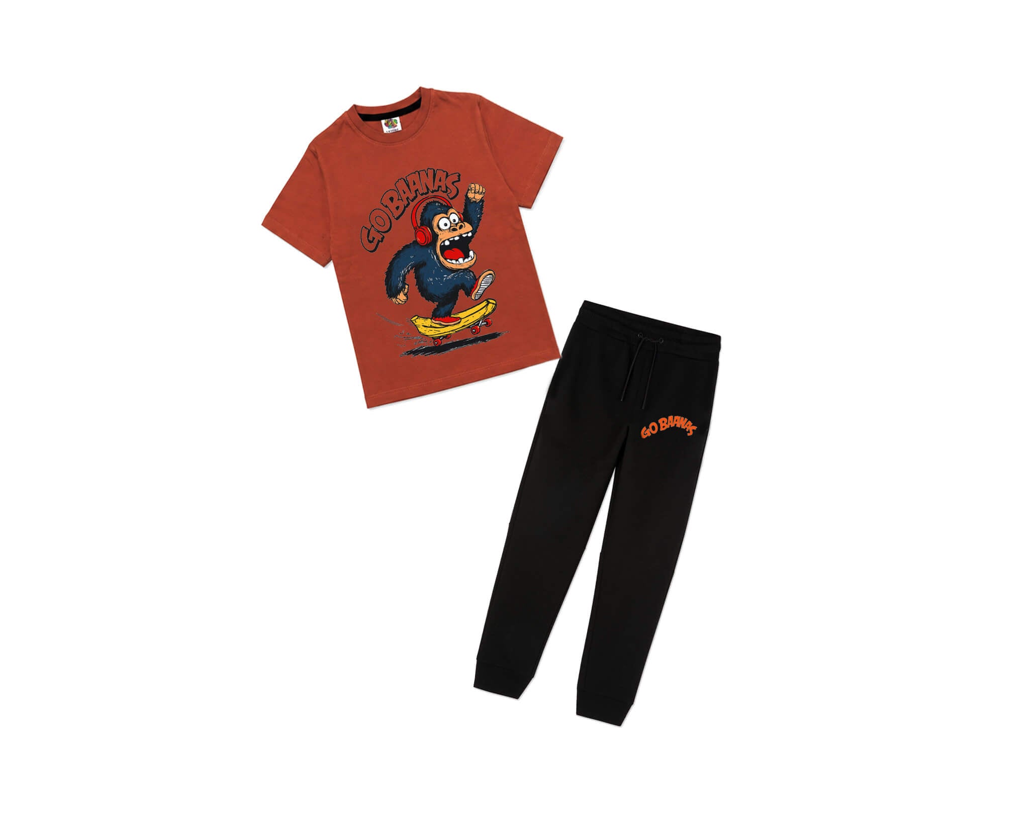 Go Baanas Printed Half Sleeve Tee & Trouser - Rust & Black