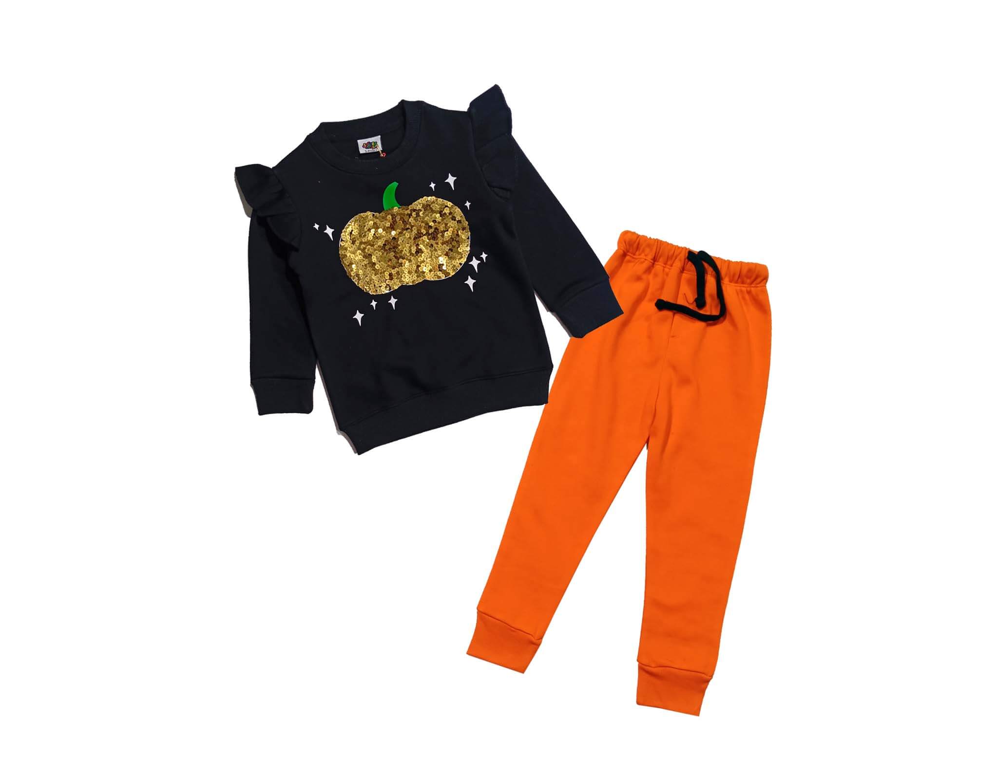 Golden Sequin Pumpkin Fleece Tracksuit - Black &amp; Orange