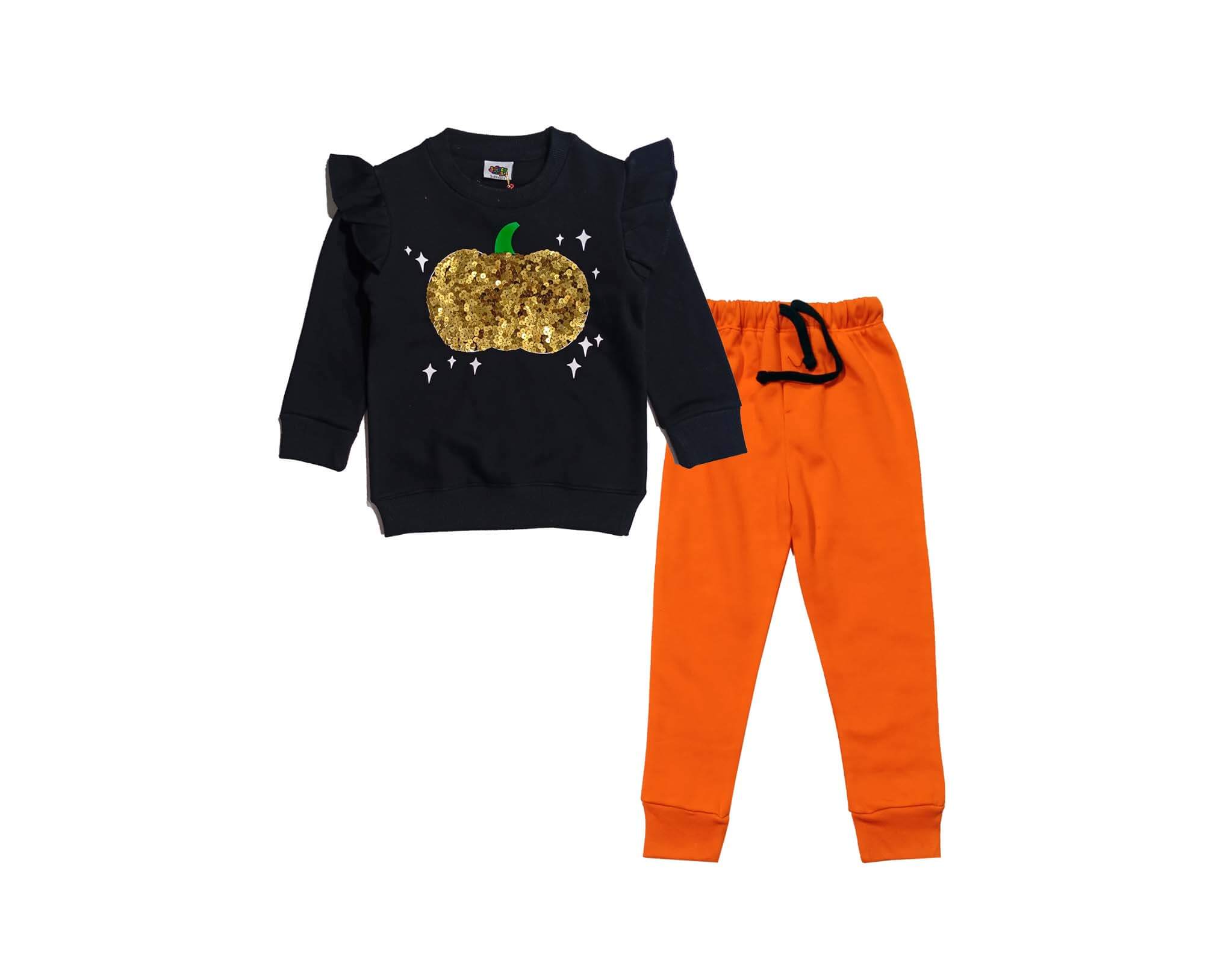 Golden Sequin Pumpkin Fleece Tracksuit - Black &amp; Orange