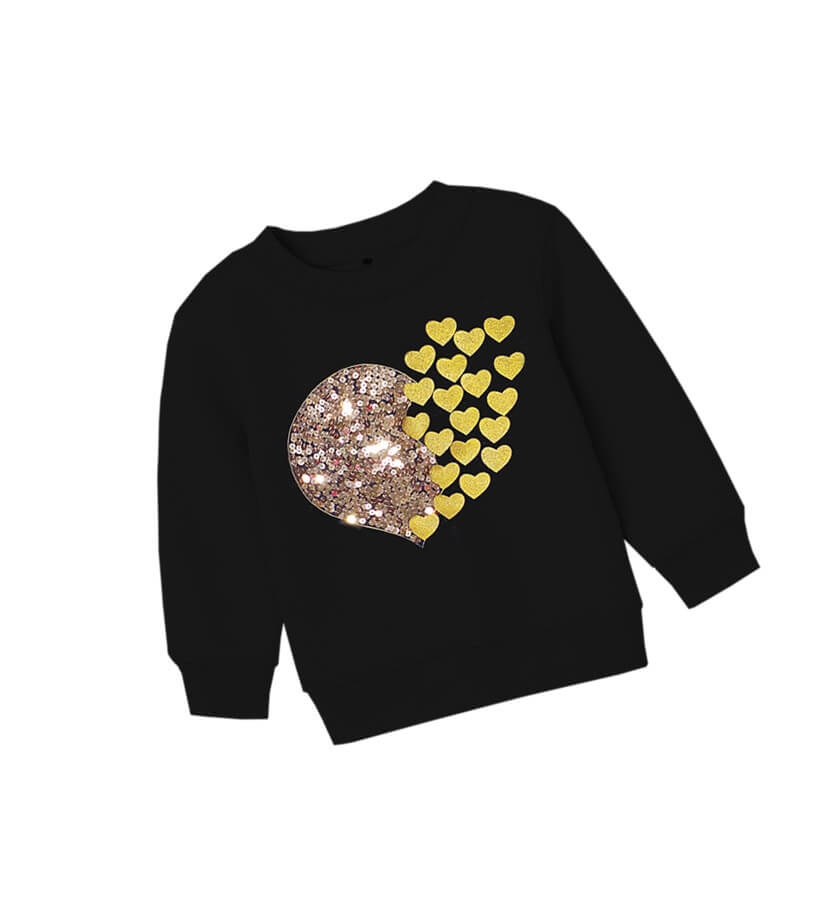 Golden Sequins Flying Hearts Fleece Sweatshirt - Black