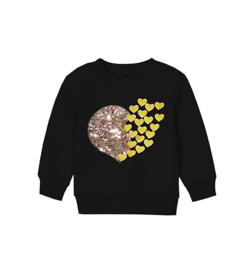 Golden Sequins Flying Hearts Fleece Sweatshirt - Black