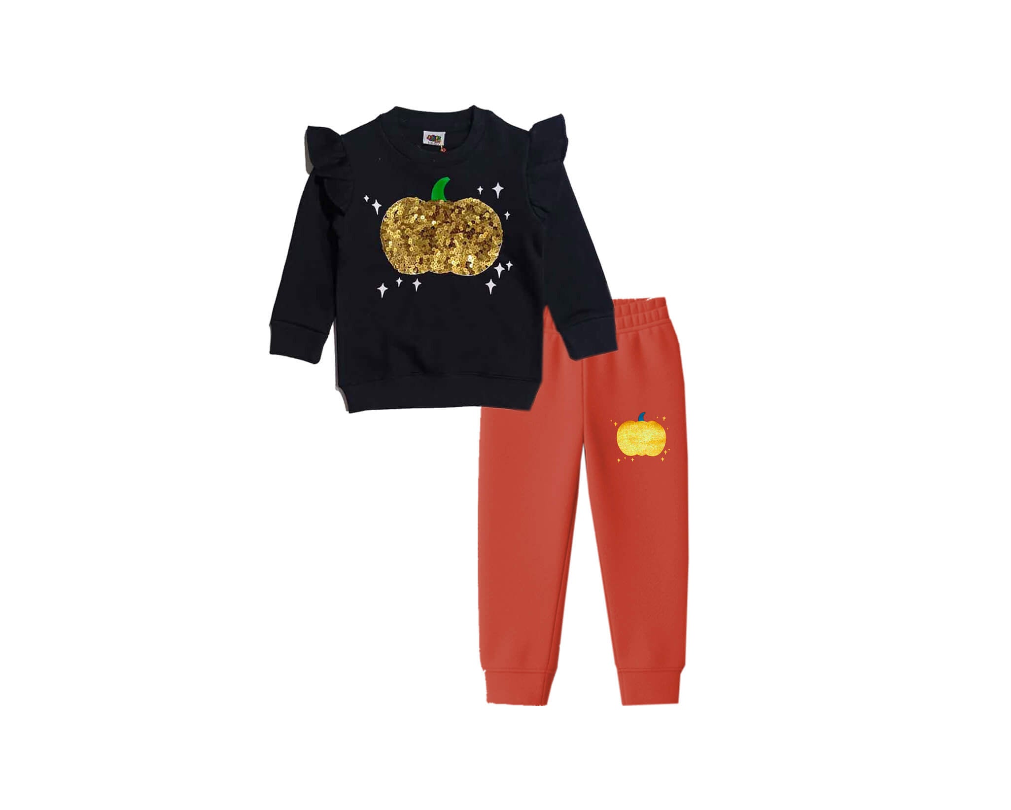 Golden Sequins Pumpkin Fleece Tracksuit - Black &amp;  Rust