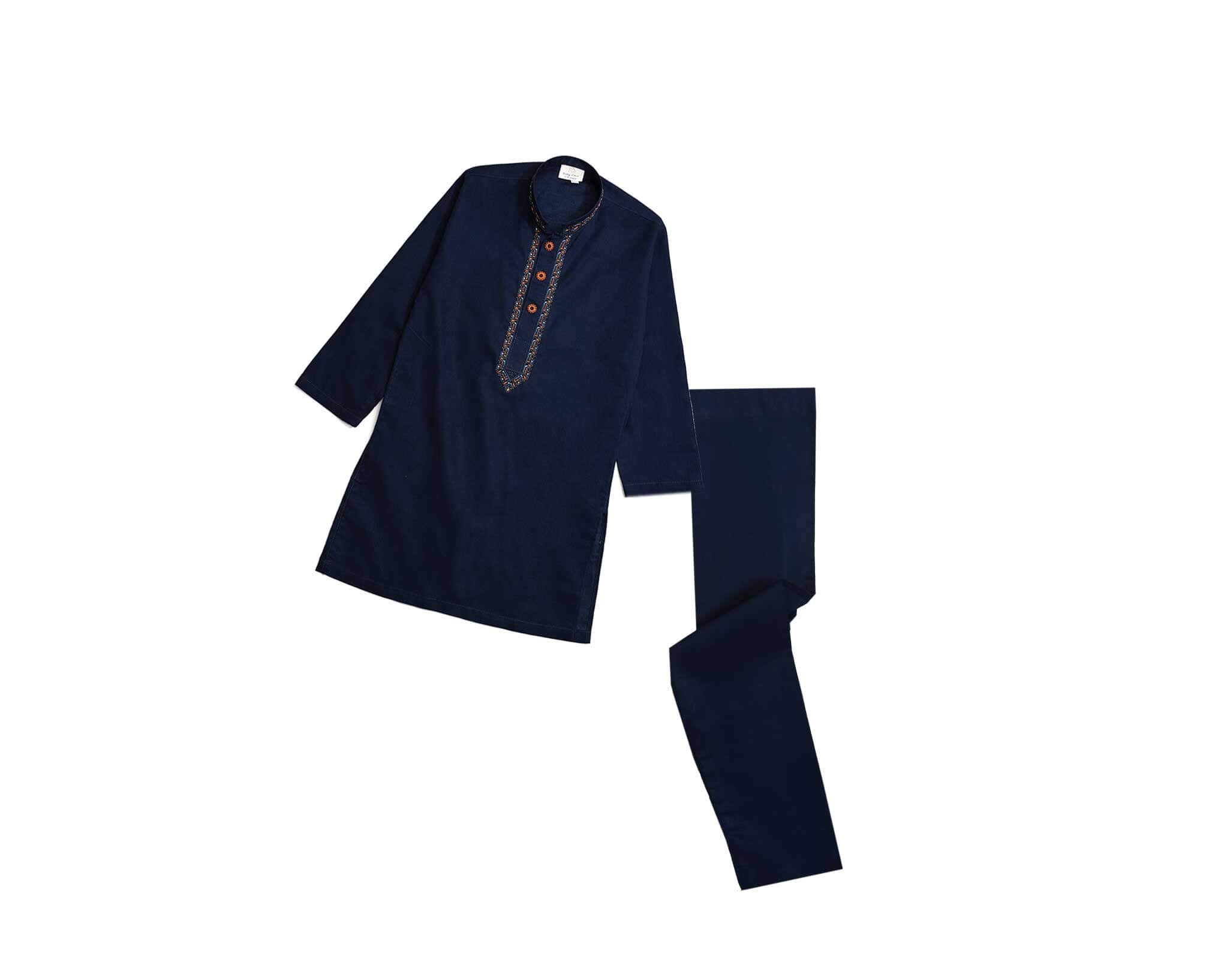 Golden  Stylish Embroidery Cotton Kurta &amp; Trouser Set – Navy Blue