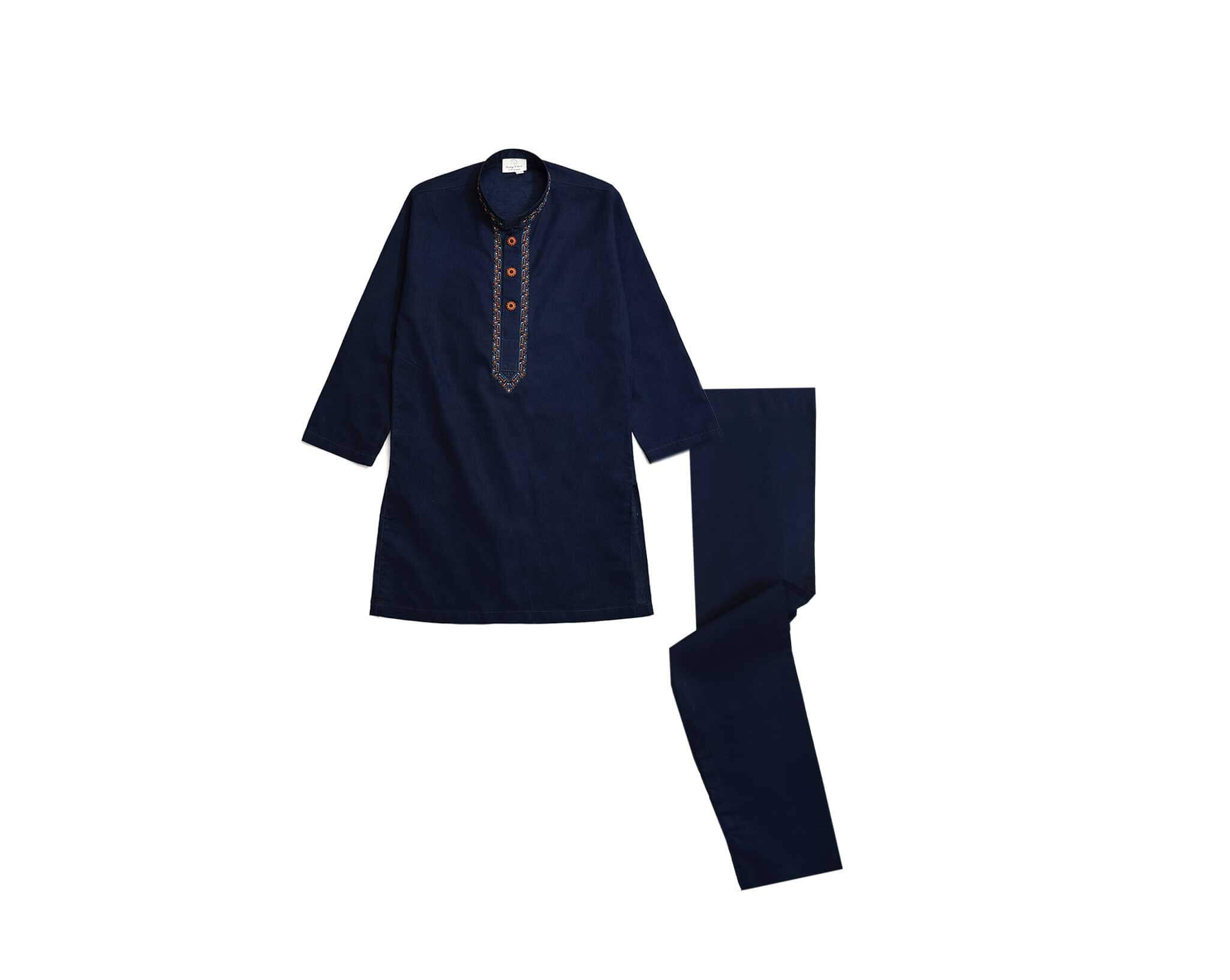 Golden  Stylish Embroidery Cotton Kurta &amp; Trouser Set – Navy Blue