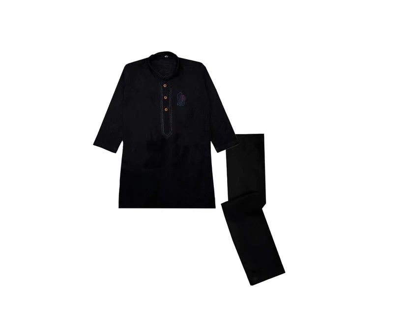 Golden Embroidered Front Cotton Kurta & Trouser Set – Black-1