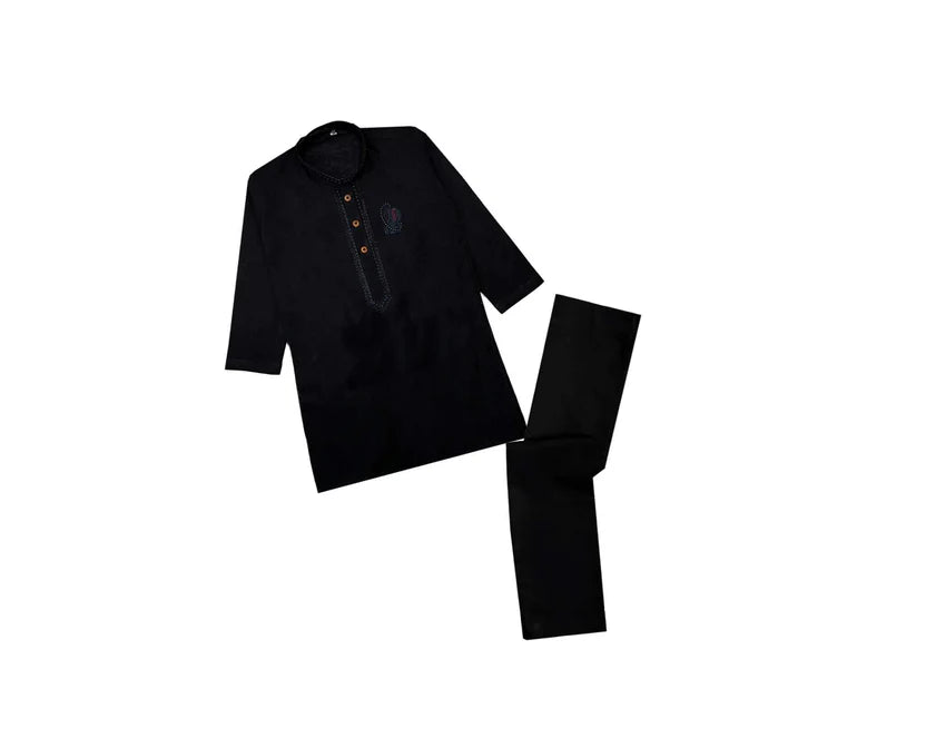 Golden Embroidered Front Cotton Kurta & Trouser Set – Black-2