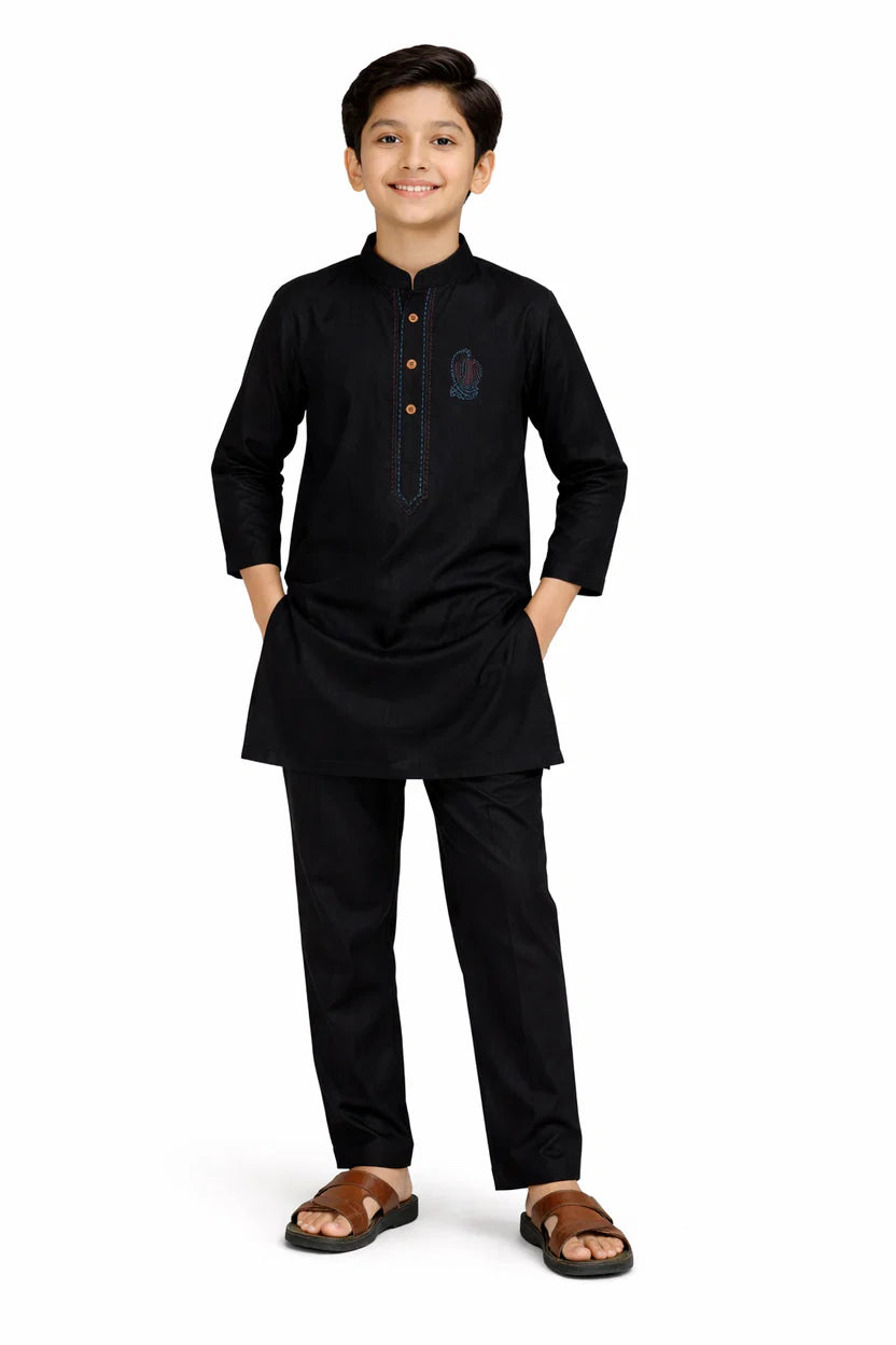 Golden Embroidered Front Cotton Kurta & Trouser Set – Black