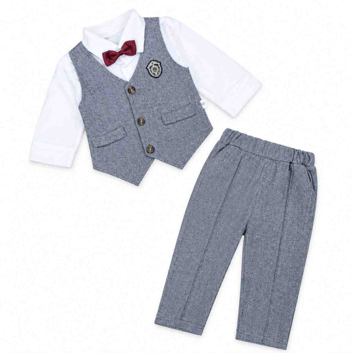 Golden Logo With Maroon Bow Gentleman 3 Pc Suit - Grey