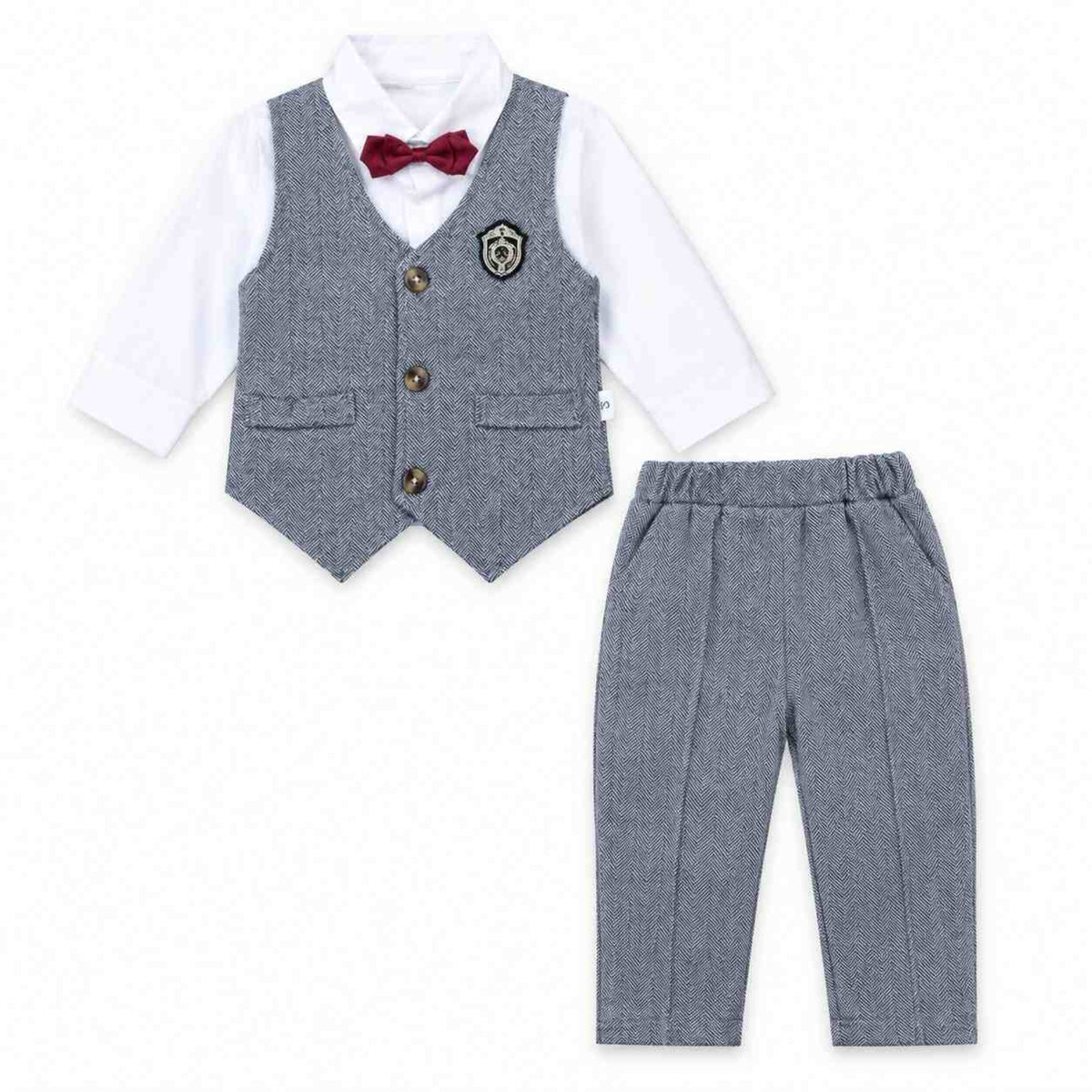 Golden Logo With Maroon Bow Gentleman 3 Pc Suit - Grey