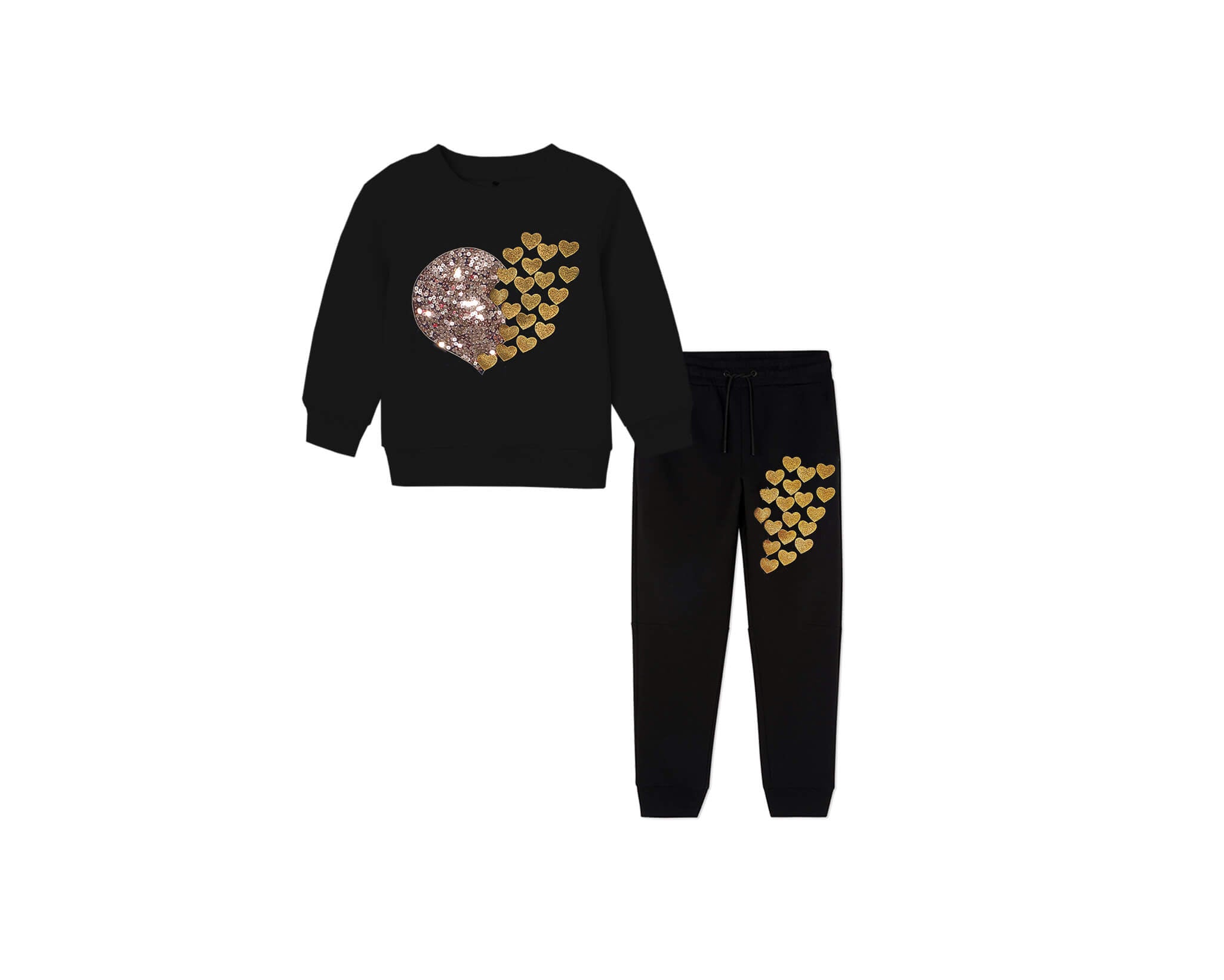 Golden Sequins Flying Hearts Fleece Tracksuit - Black