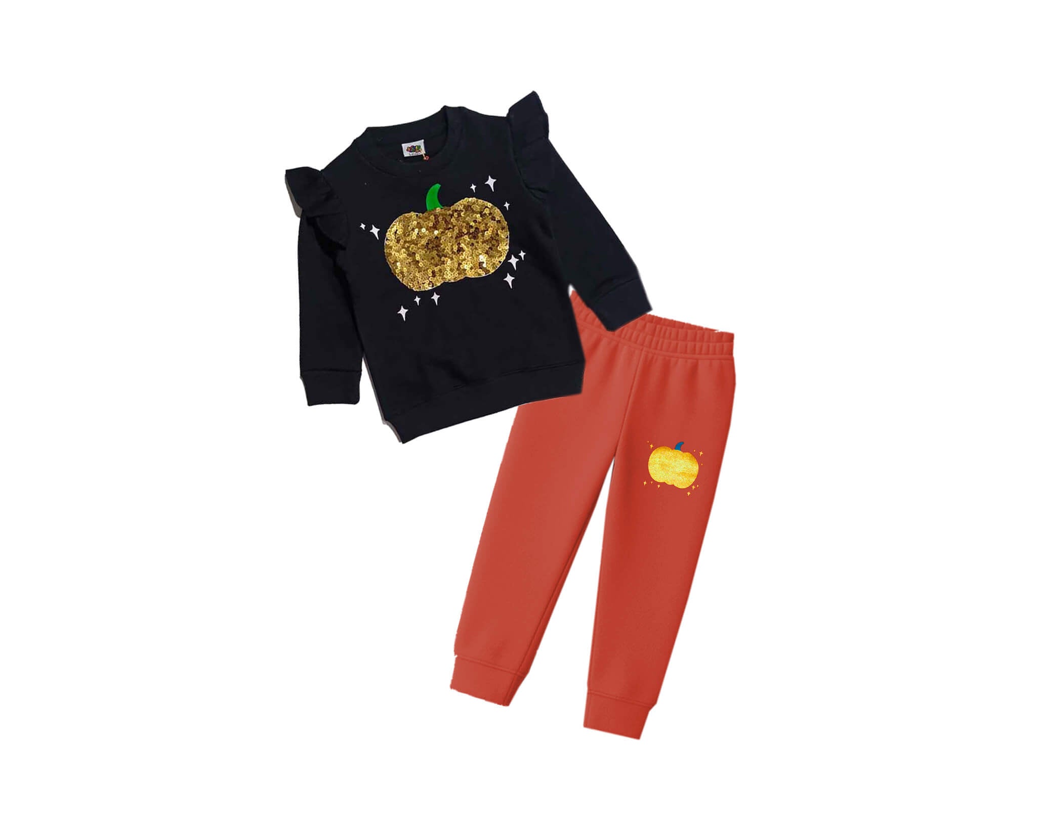 Golden Sequins Pumpkin Fleece Tracksuit - Black &  Rust
