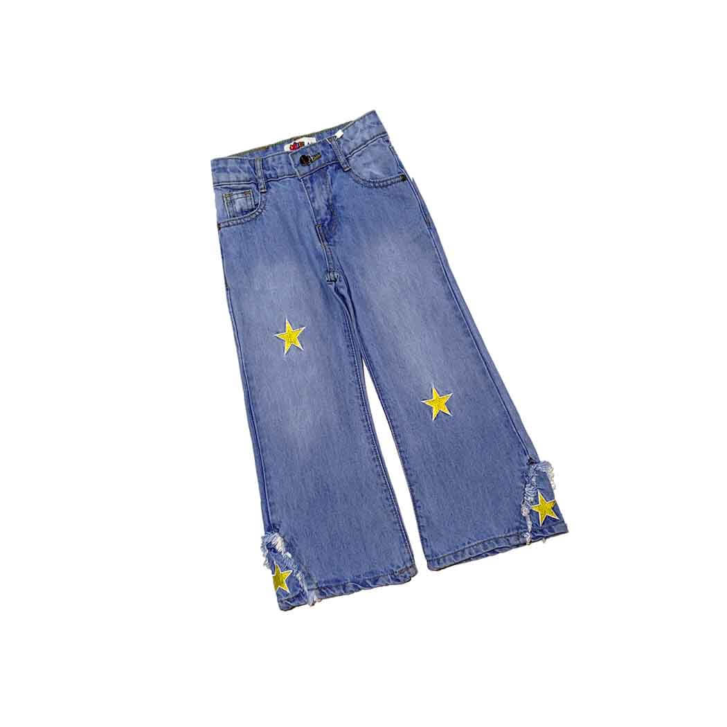 Golden Stars Stylish Bell Bottom Denim Pant - Light Blue