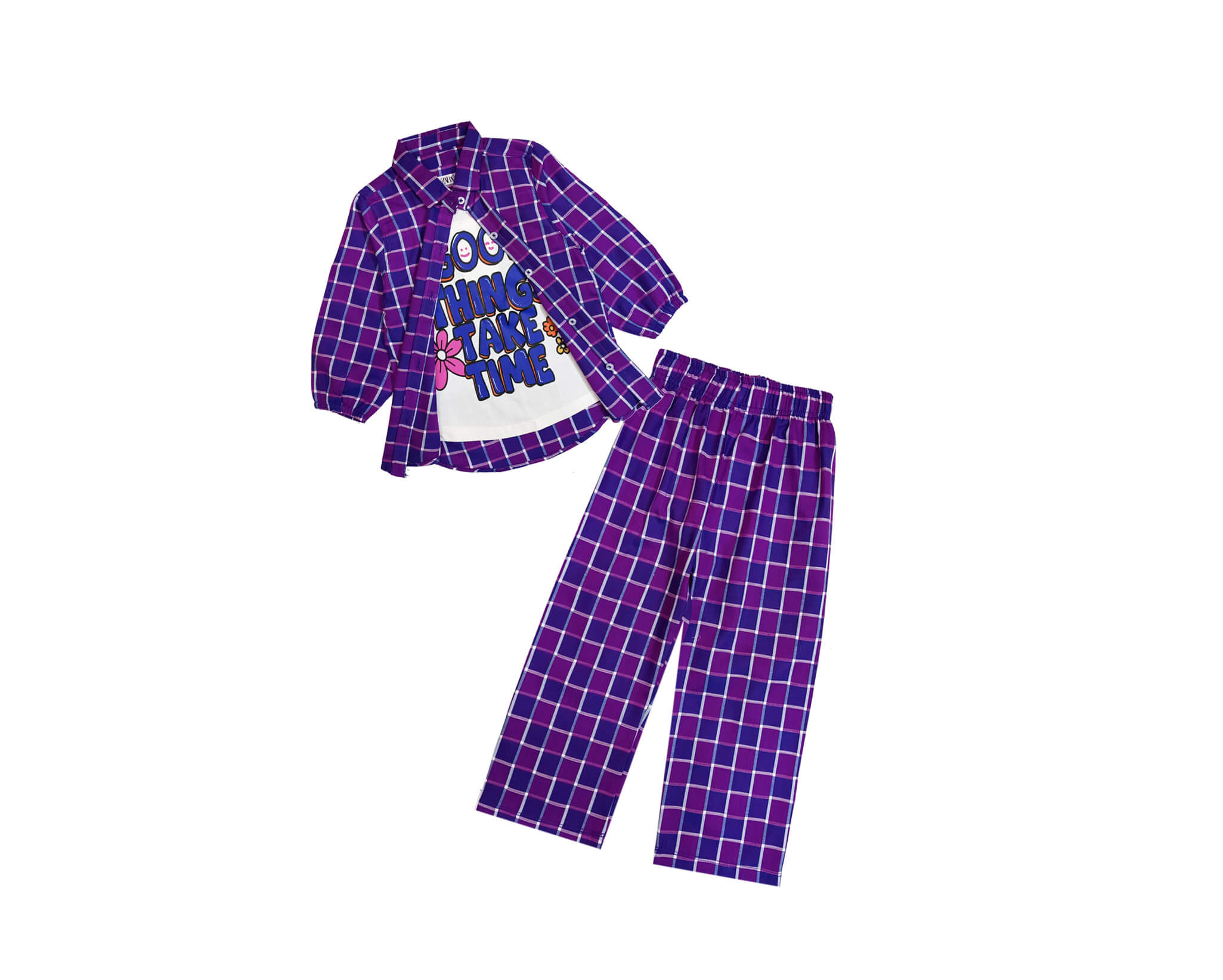 Good Think  Girls Double Shirt Suit - Purple Check
