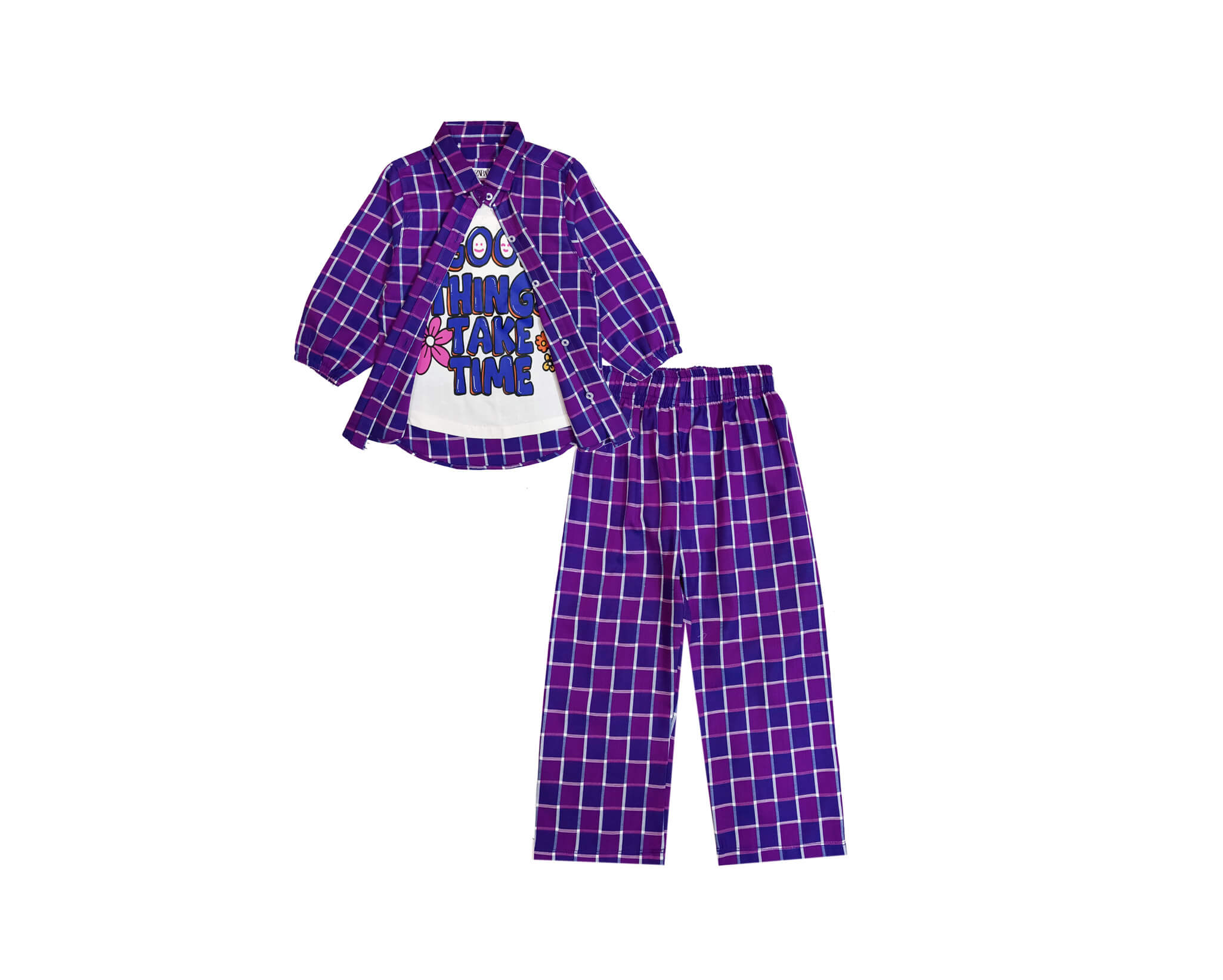 Good Think  Girls Double Shirt Suit - Purple Check