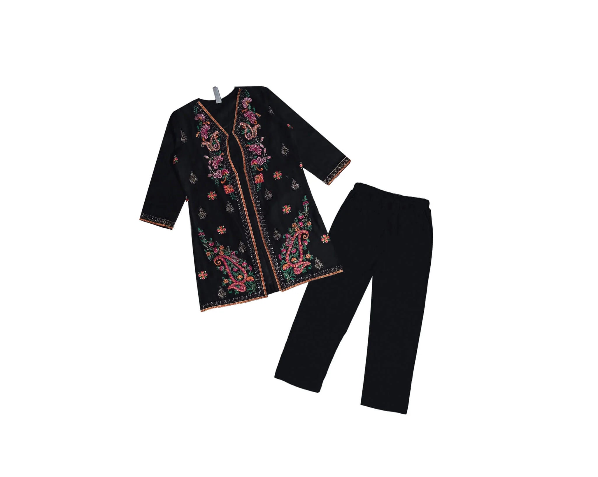 Goun Style Florals Emb &amp; Tilla Work Khuddar Shirt with Trouser - Black