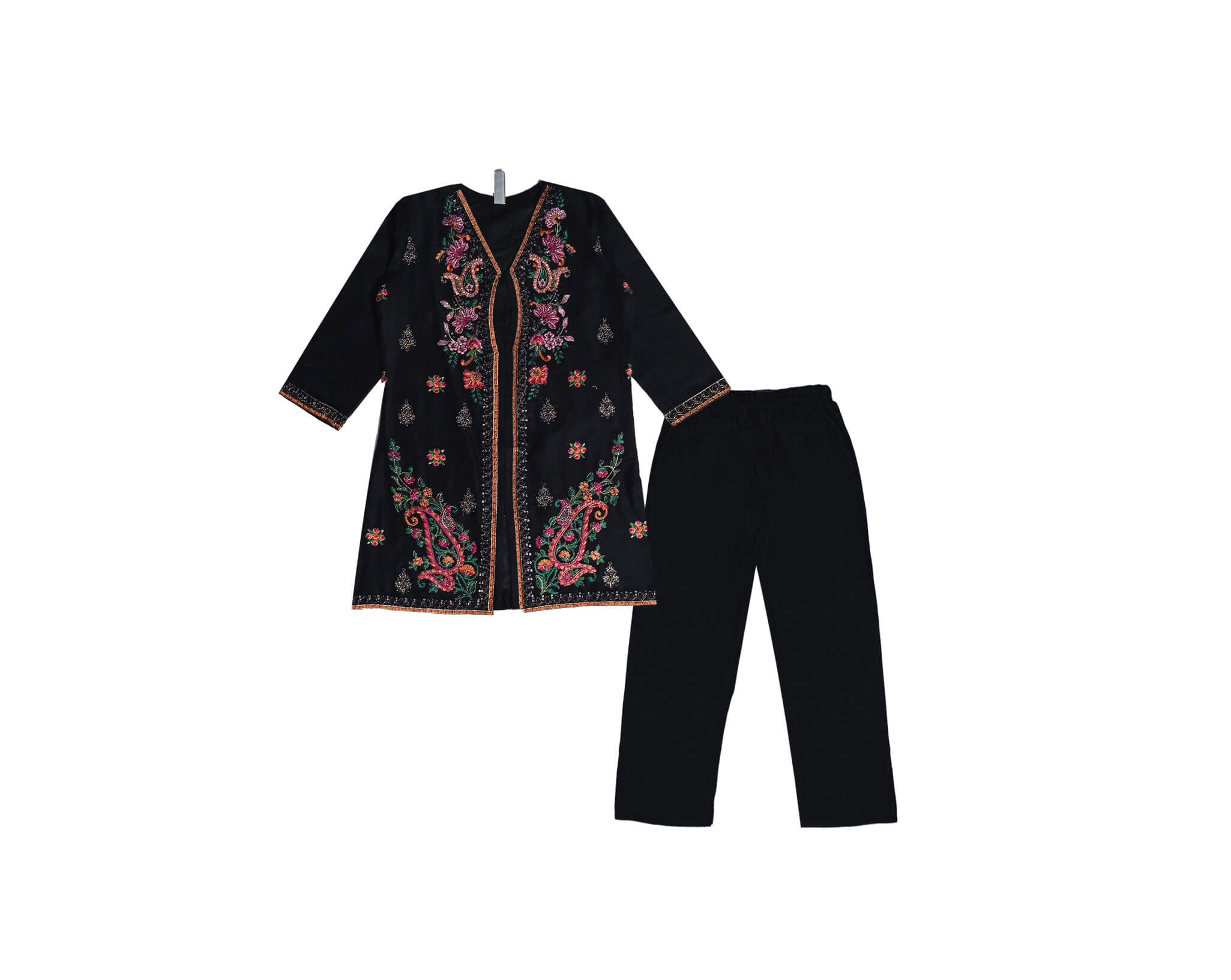 Goun Style Florals Emb &amp; Tilla Work Khuddar Shirt with Trouser - Black