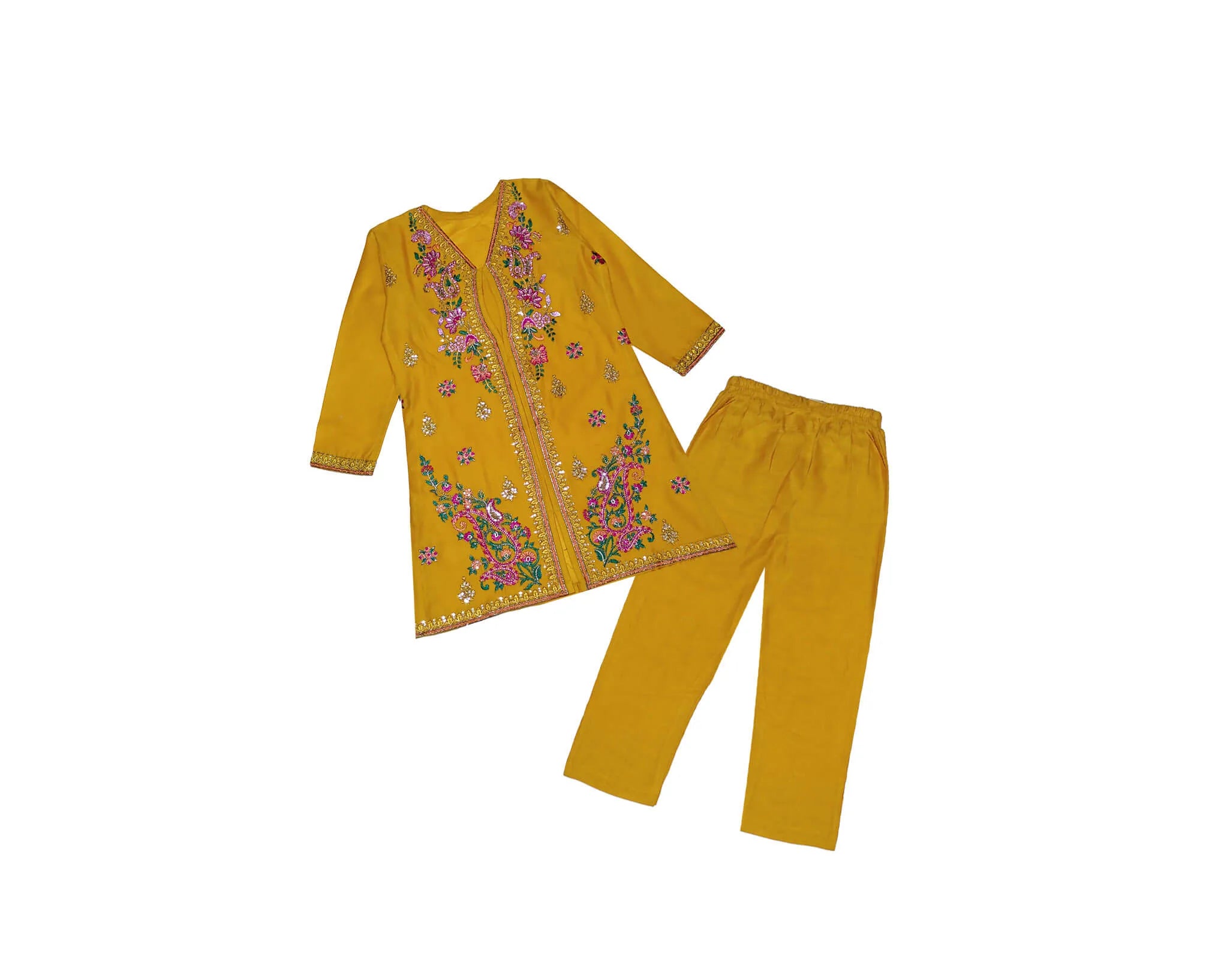 Goun Style Florals Emb &amp; Tilla Work Khuddar Shirt with Trouser - Mustard