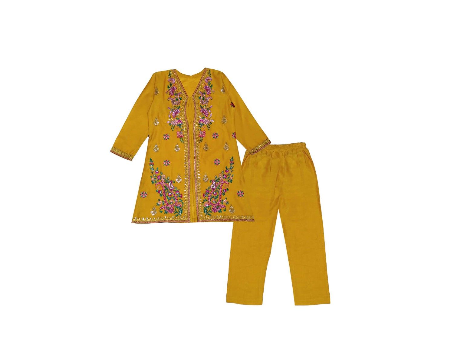 Goun Style Florals Emb &amp; Tilla Work Khuddar Shirt with Trouser - Mustard