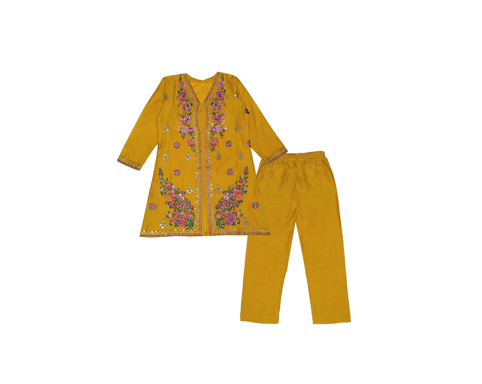 Goun Style Florals Emb &amp; Tilla Work Khuddar Shirt with Trouser - Mustard