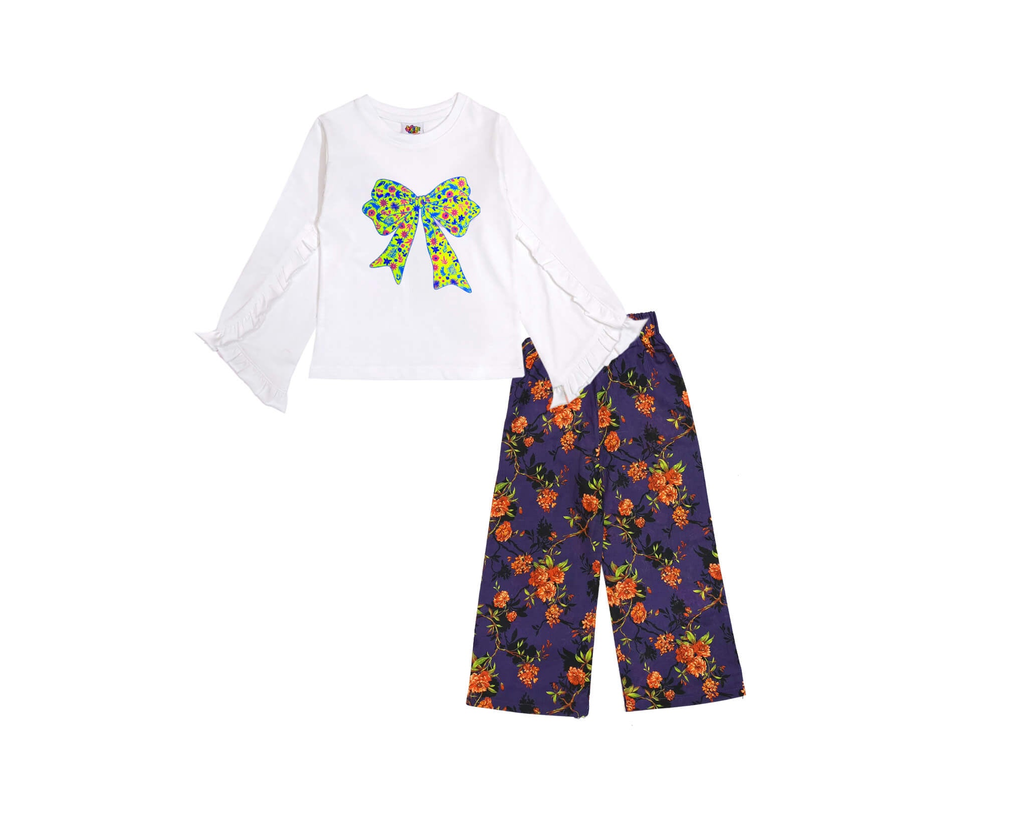 Green Big Bow Florals Tee Shirt &amp; Plazzo- White &amp; Purple