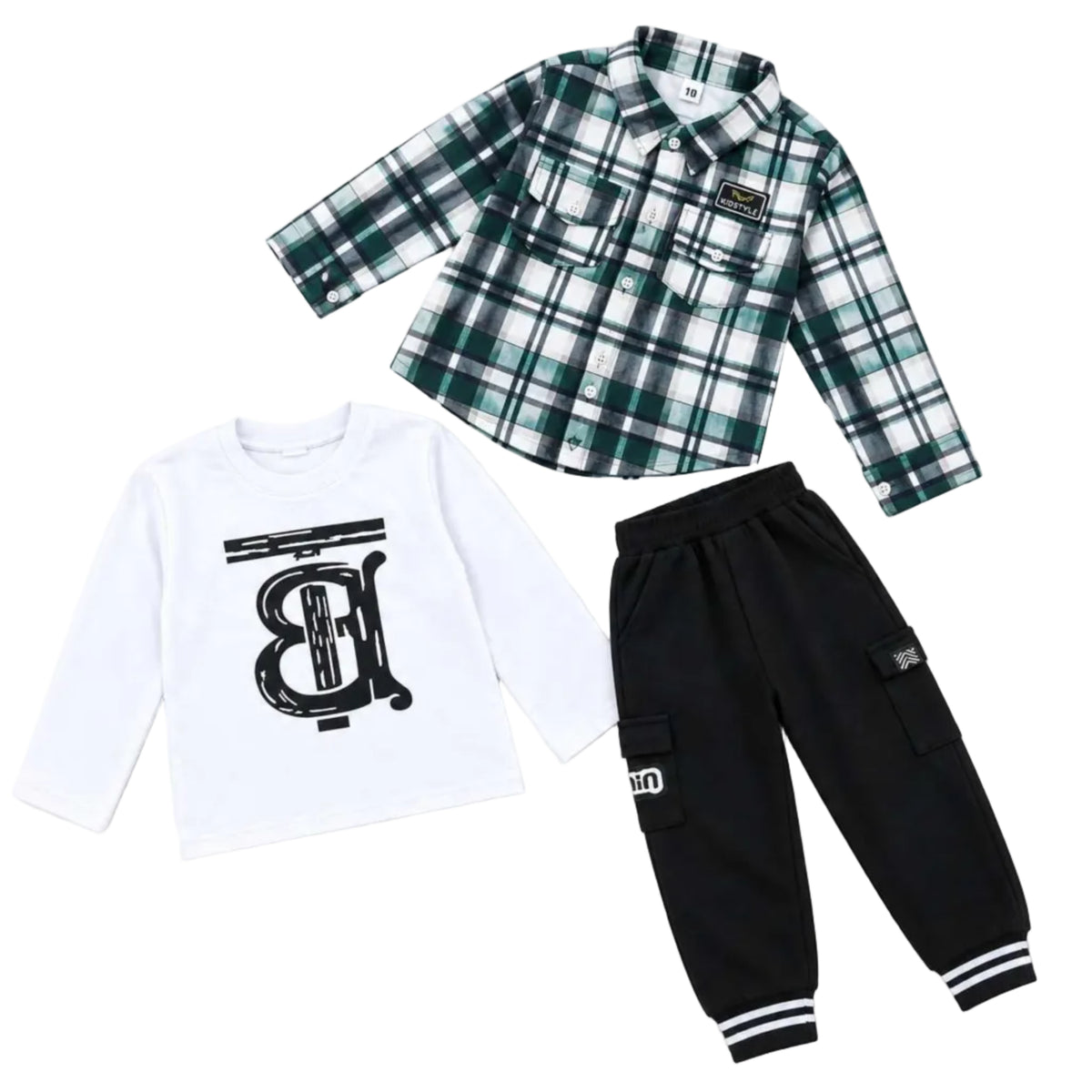 Green Check Fornt Pocket Full Sleeves Inner & Jogger Pent 3 pc - Black & White
