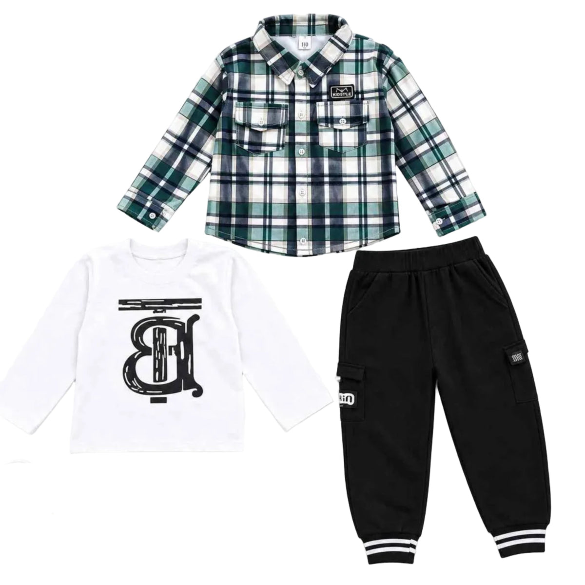 Green Check Fornt Pocket Full Sleeves Inner & Jogger Pent 3 pc - Black & White
